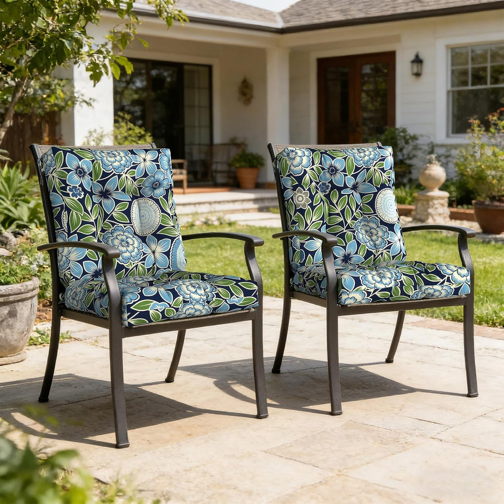 LVTXIII Outdoor Solid Low Back Cushion, Patio Tufted Replacement Rocking Chair Cushion with Ties, 2 Count Seat and Back Chair Cushions for Patio Furniture Use, 42 L x 21 W, Azure Botanical Symphony‌