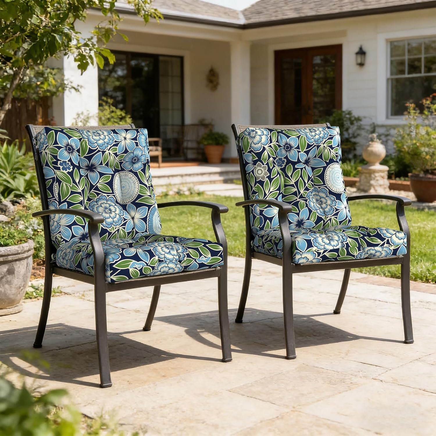 LVTXIII Outdoor Solid Low Back Cushion, Patio Tufted Replacement Rocking Chair Cushion with Ties, 2 Count Seat and Back Chair Cushions for Patio Furniture Use, 42 L x 21 W, Azure Botanical Symphony‌