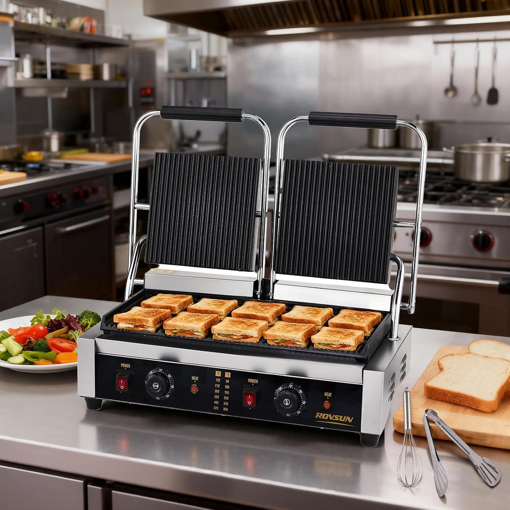 ROVSUN 813 Commercial Panini Press Grill, 3600W Stainless Steel Electric Countertop Sandwich Maker with Adjustable Temp 122°F–572°F, For Steak, Burgers, Home & Restaurant Use, 110V, Silver
