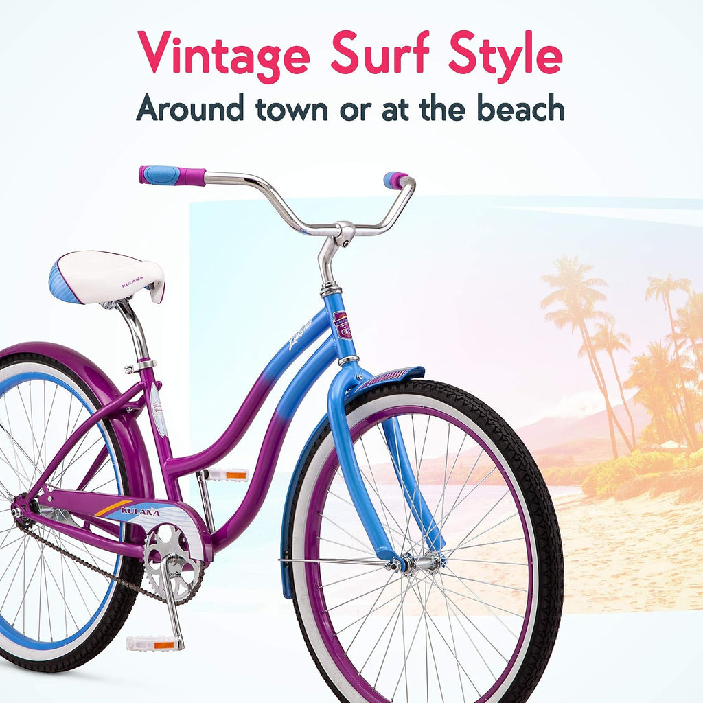 Kulana Lakona Shore, Tide or Wave Cruiser Bike, 20, 24 or 26 Inch Bike for Adults and Youth, 7 or Single Speed Beach Cruiser Bicycle, Rear Coaster Brake, Extra Wide, Cushioned Seat, Fenders
