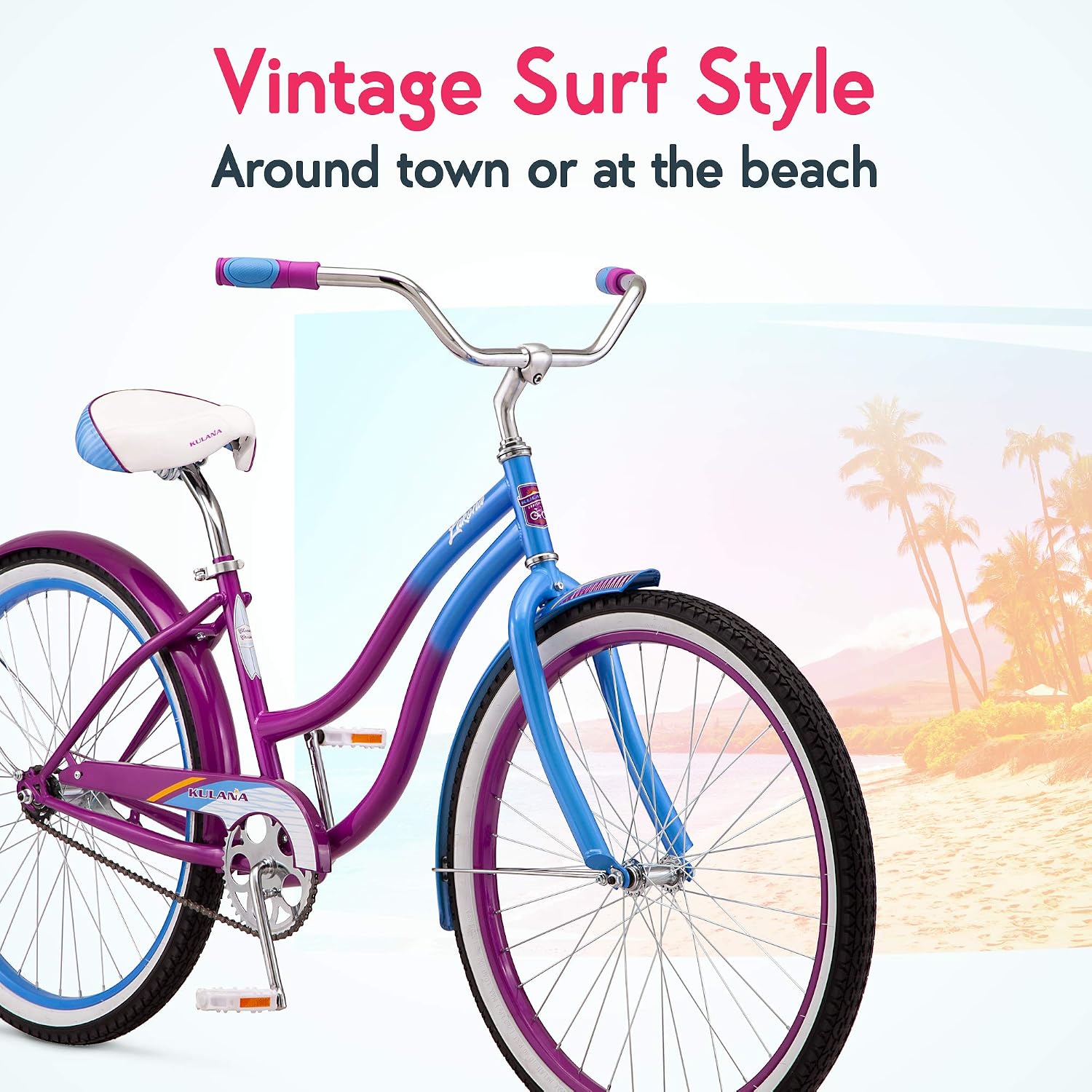 Kulana Lakona Shore, Tide or Wave Cruiser Bike, 20, 24 or 26 Inch Bike for Adults and Youth, 7 or Single Speed Beach Cruiser Bicycle, Rear Coaster Brake, Extra Wide, Cushioned Seat, Fenders