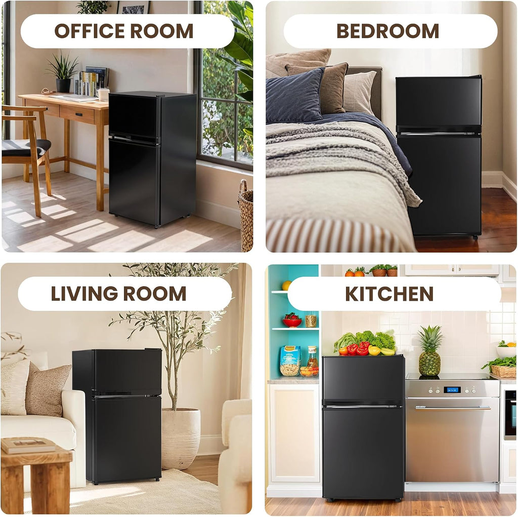Manastin 3.55 Cu.Ft Mini Fridge with Freezer, 2-Door Small Refrigerator with Adjustable Thermostat, Quiet Mini Refrigerator for Bedroom, Dorm & Office (Black)
