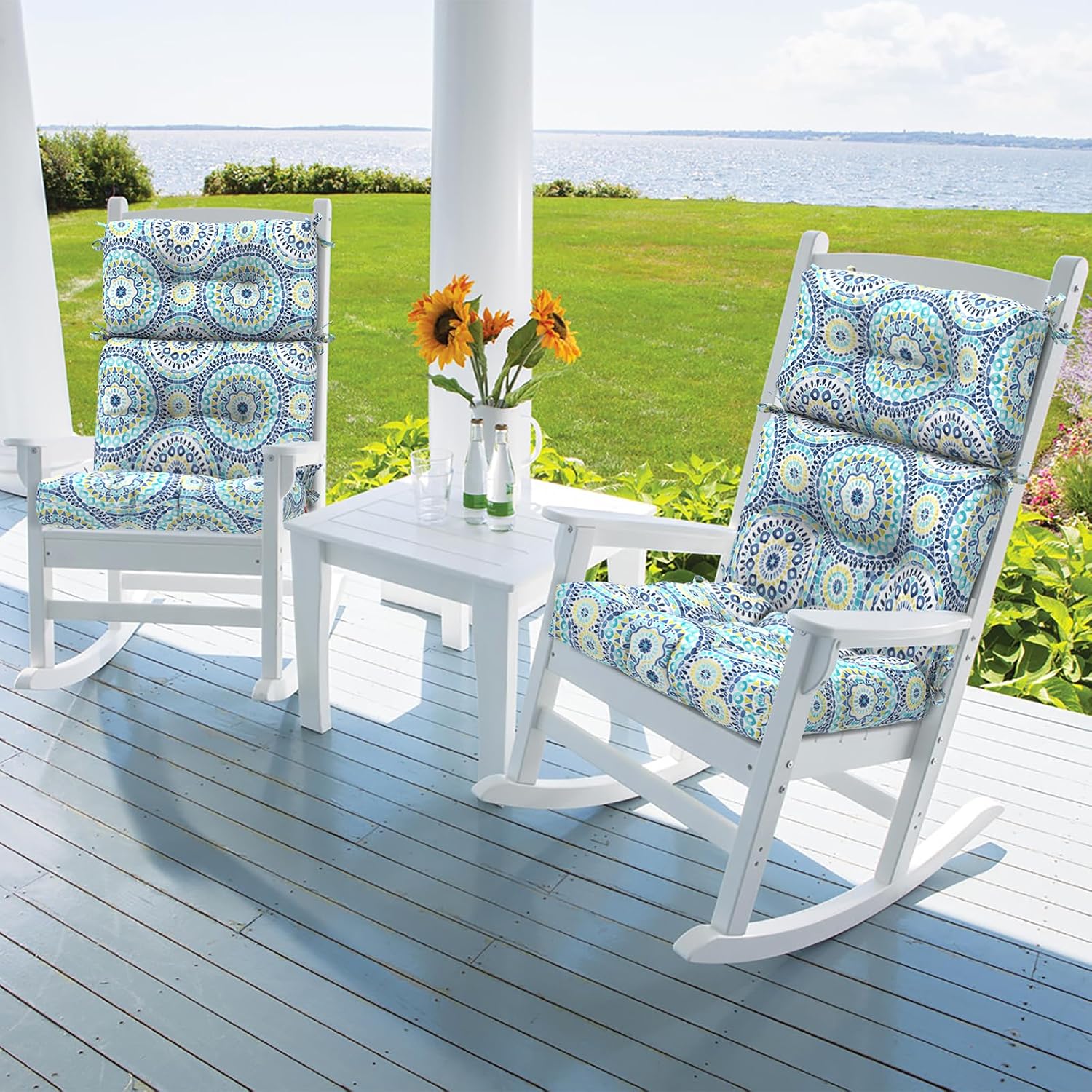 DYTXIII Outdoor High Back Chair Cushions Set of 2, Water Repellent Tufted Rocking Seat Cushions Replacement 44 x 22 Inch, Seat & Back Chair Pads for Patio, Balcony and Indoor Use -Delancey Lagoon