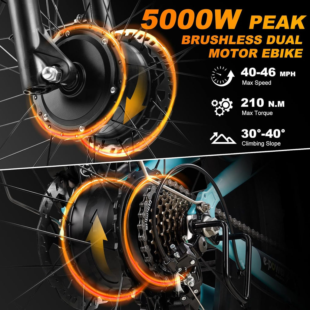 Dual Motor Electric Bike for Adults,5000W Peak,40MPH,52V/23Ah Battery,26'' Fat Tire,Up to 105 Miles Range,SHM 7-Speed Gear Ebike