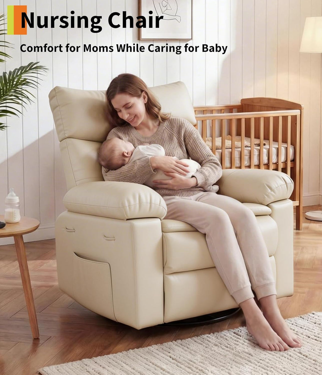 GarveeHome Oversized Leather Recliner Chair, Swivel Rocker Manual Recliner for Adults, Lazy Rocking Chair with Comfort Arms and Back Single Sofa for Living Room