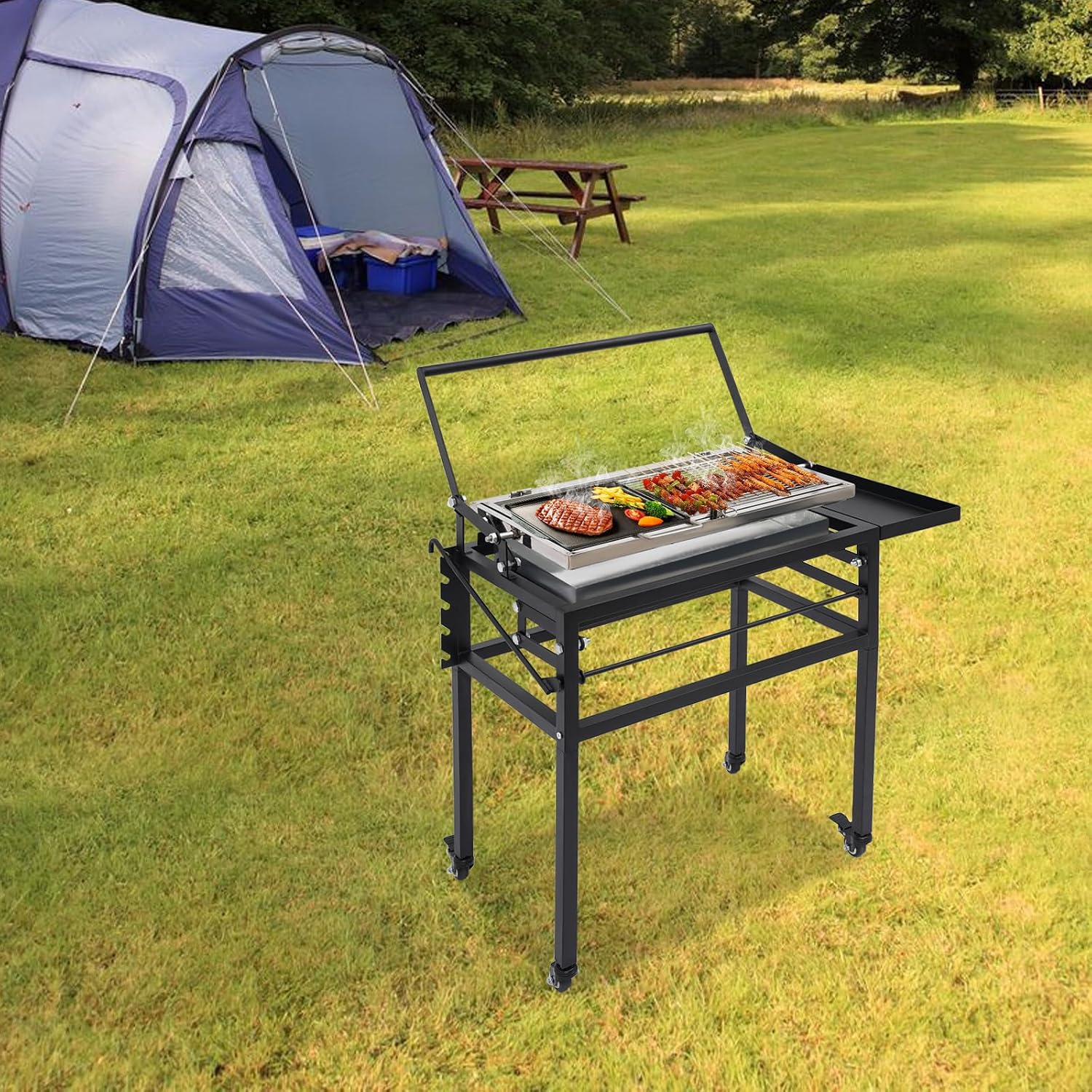 360° Rotating Charcoal Grill with Removable Legs - Portable BBQ Grill for Outdoor Camping, Backyard & Tailgating, Adjustable Height, 2 Lockable Wheels & Side Tray, Easy to Clean & Assemble