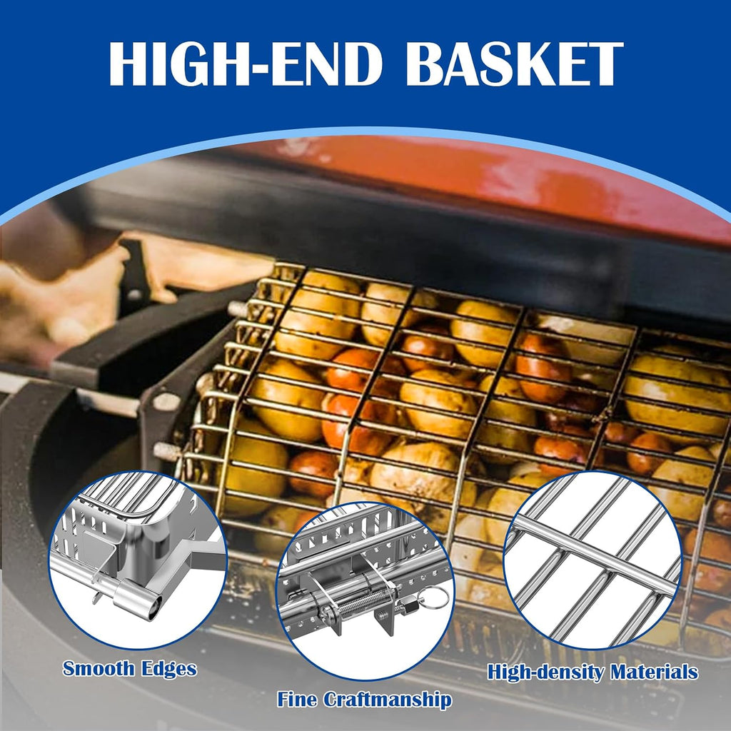 SafBbcue Rotisserie Basket Kit for Kamado Joe JoeTisserie KJ155172022 Grill Accessories, Grill Flat and Tumbler Basket with Quick Connect Rod for Kamado Classic Joe and Big Joe Grill and Smokers