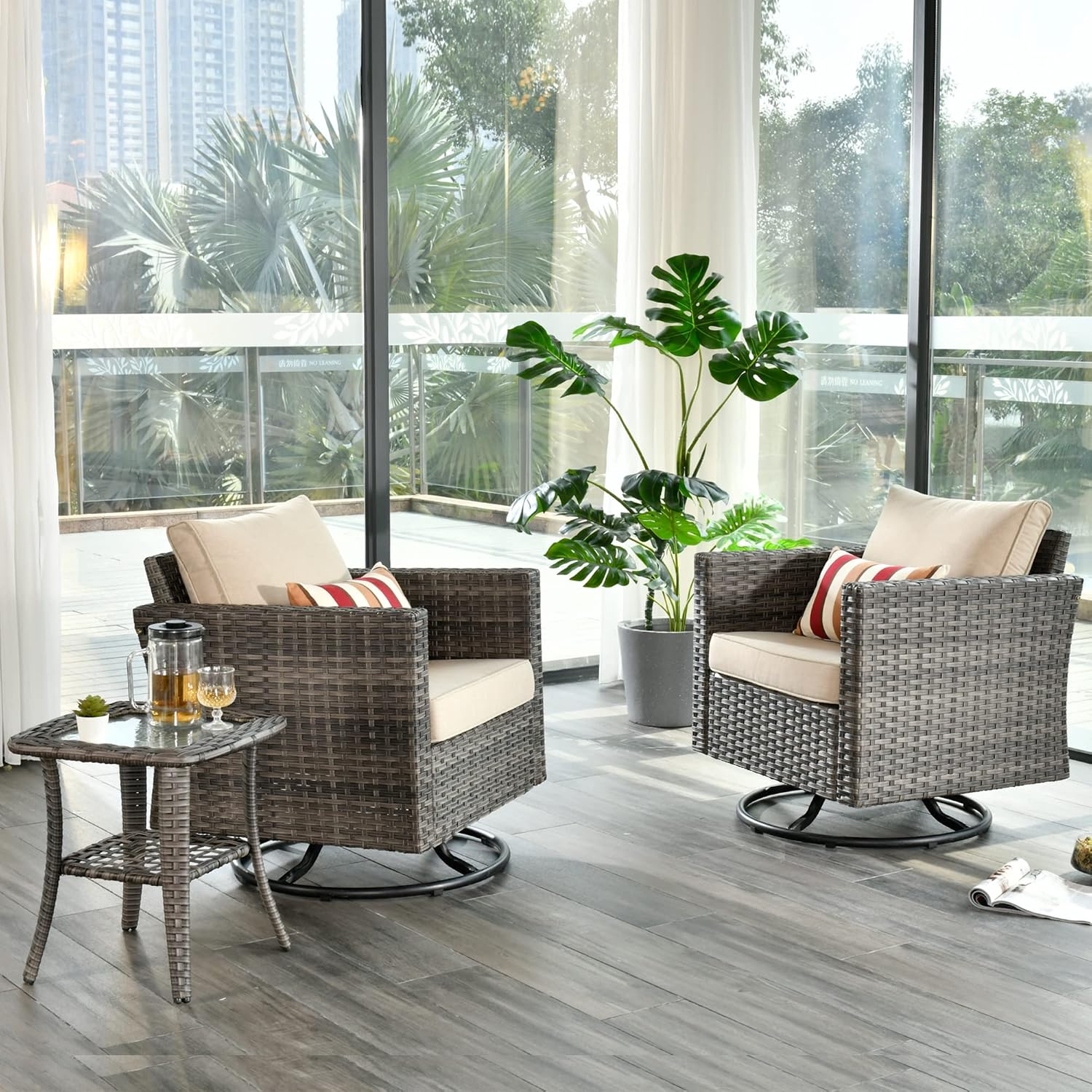 ovios 3 Pieces Patio Swivel Chairs with Side Table, Outdoor Wicker Rocking Chairs of 2 with Comfy Cushions, Rattan Glider Rocker Bistro Set for Porch Deck, Beige