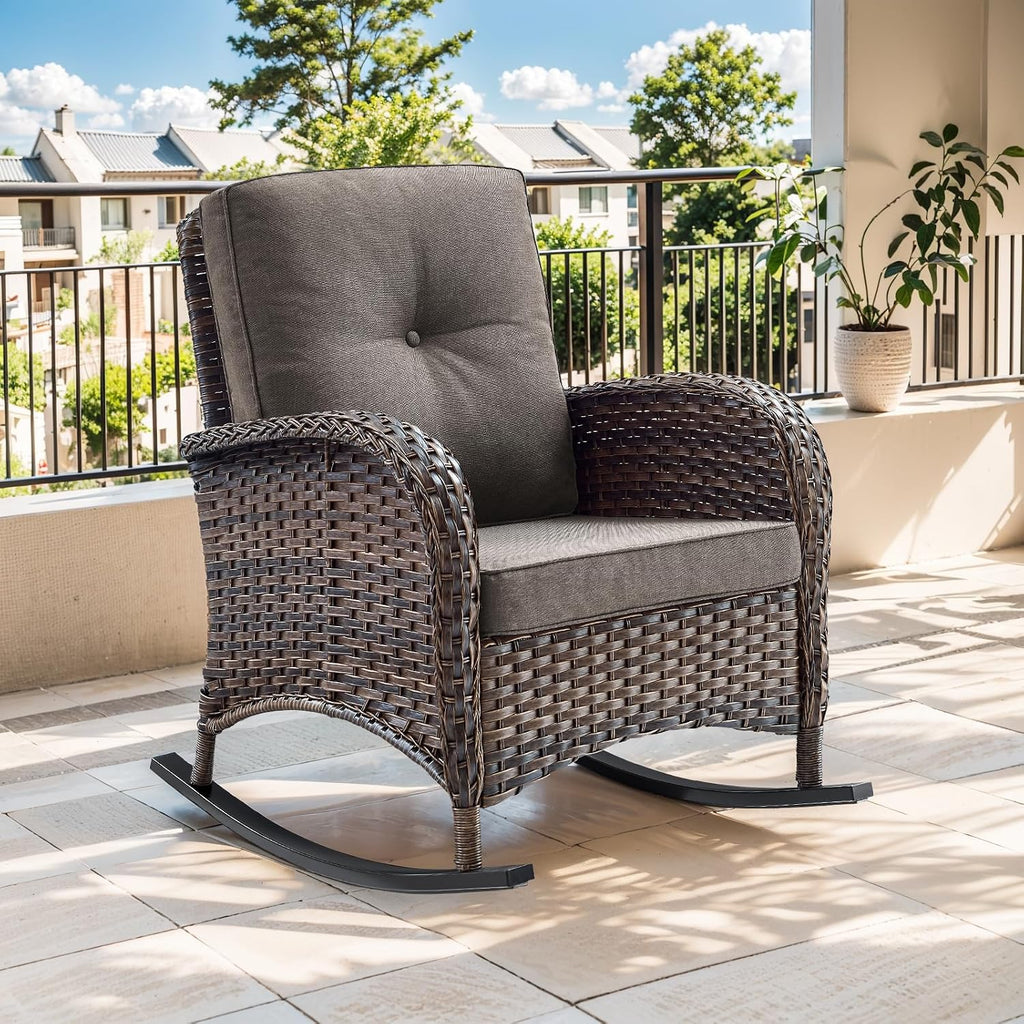 Patio Rocking Chair: Outdoor Wicker Rocker Porch Rocking Chair with Removable Cushion, 300 Lb Weight Capacity Rattan Rocking Seating for Balcony Garden Brown/Grey