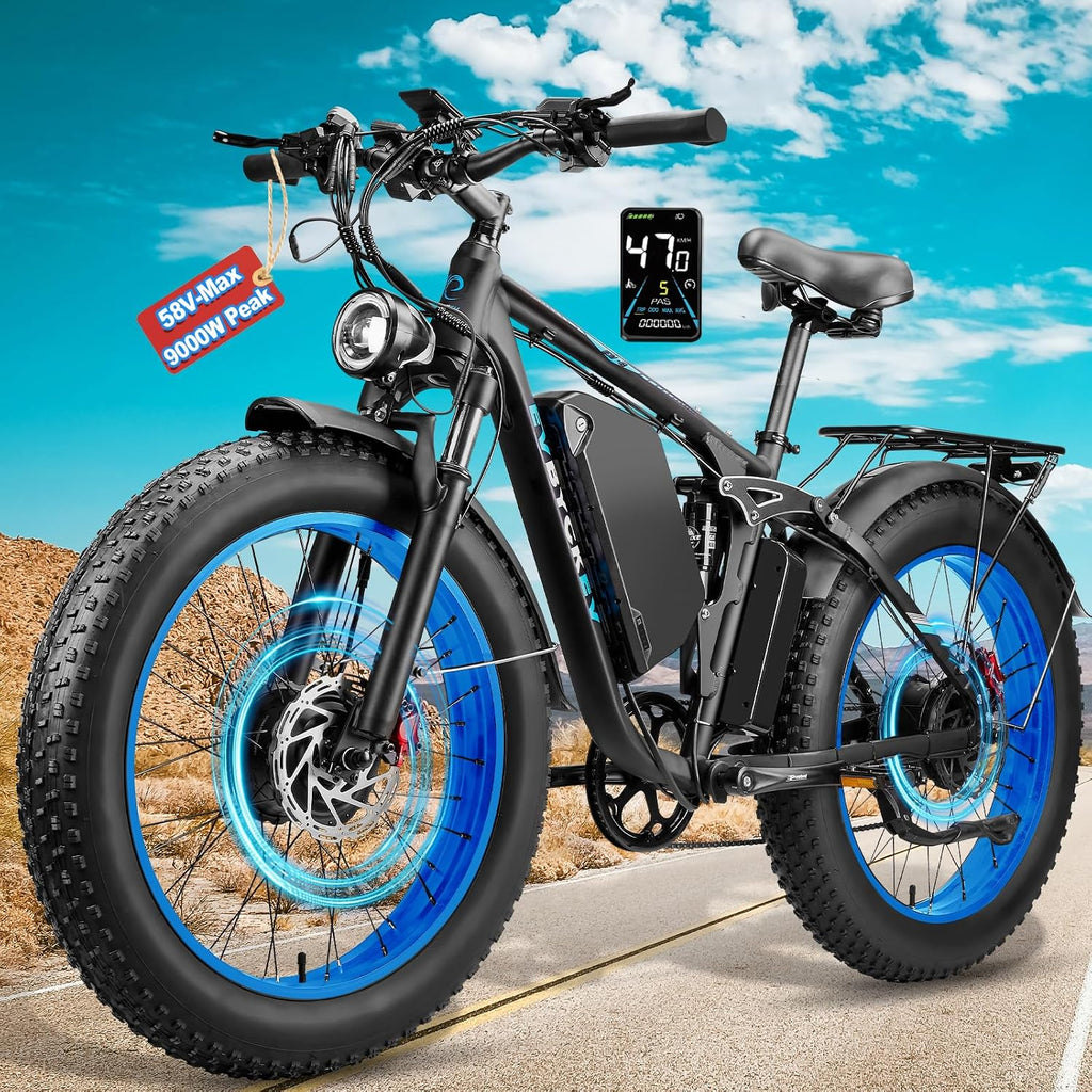 9000W Peak Electric Bike,58V Max-Output Dual Motor Ebike for Adults, 47MPH 1856Wh Fast E Bike,Up to 105Miles 24' x4.0 Fat Tire Full Suspension Mountain E Bicycle for Sand Beach Commuter