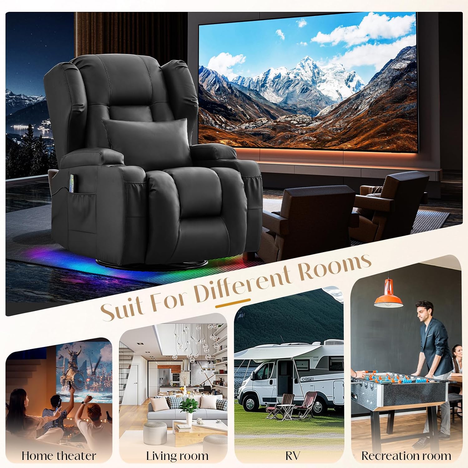 Power Swivel Rocker Recliner Chair with Massage & Heat, Dual Motor Electric Glider Rocking Recliner with USB Ports, Cup Holders & LED Light for Living Room, Home Theater (Black)