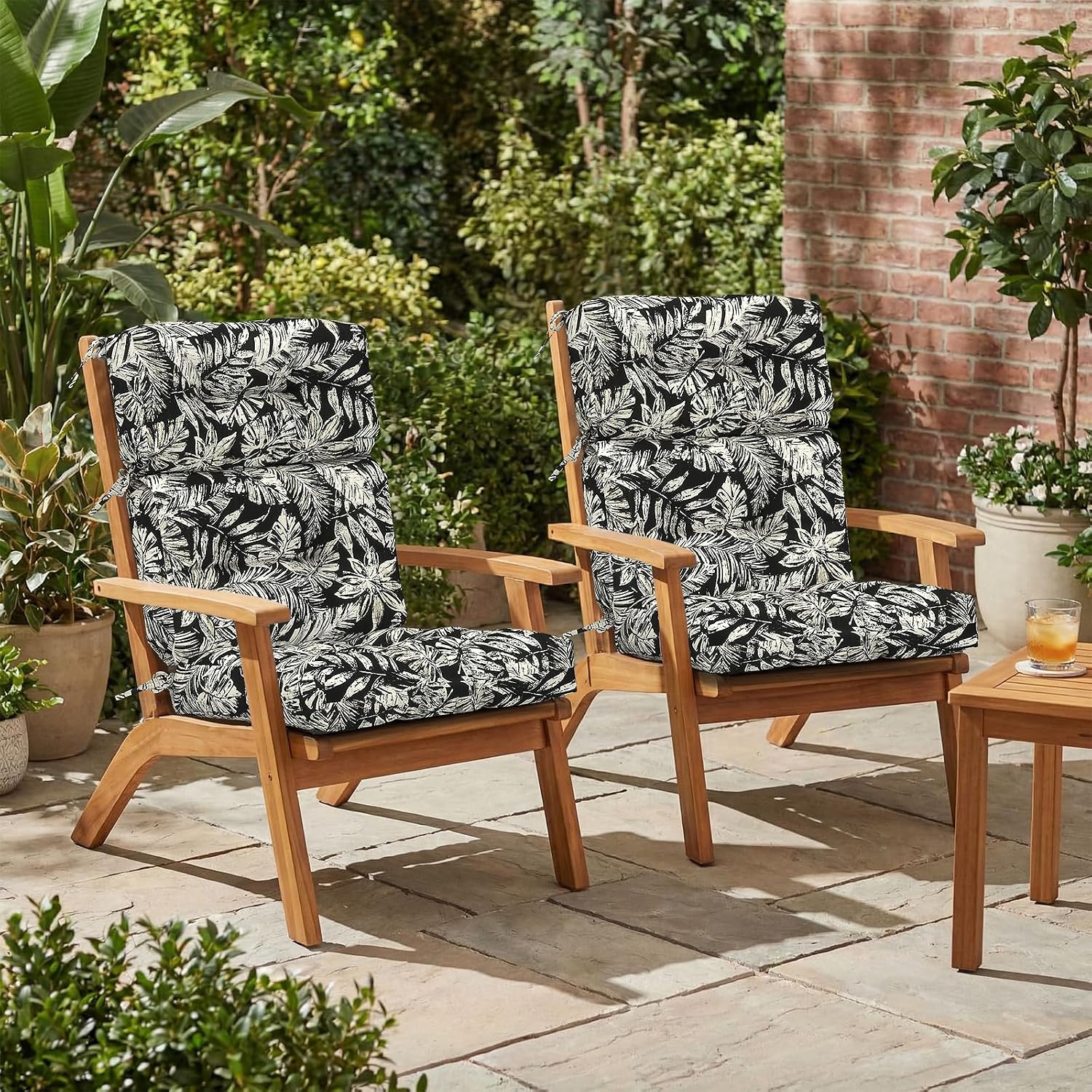 Outdoor High Back Patio Chair Cushions, Fade Resistant & Waterproof Tufted Seat and Back Cushions for Patio Furniture, Patio Chair Cushions 44x22 Inch, Set of 2, Tropical Leaf Black