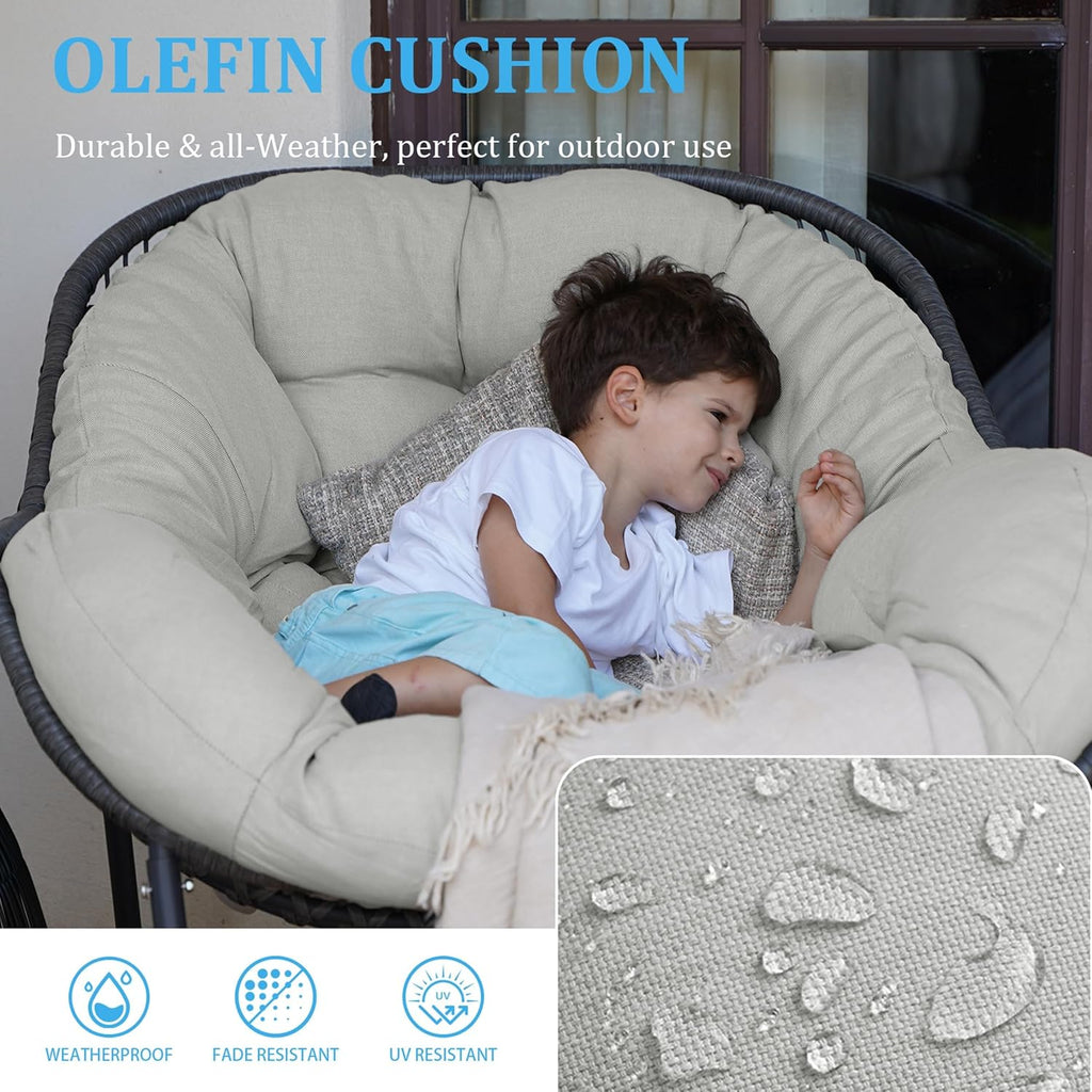 Rocking Chair Outdoor, Oversized Papasan Rocking Chair Indoor with 6' Thick Padded Cushion, Comfy Rattan Rocker Egg Chair for Patio, Backyard, Garden, Balcony, Lawn, Up To 450lbs, Light Gray