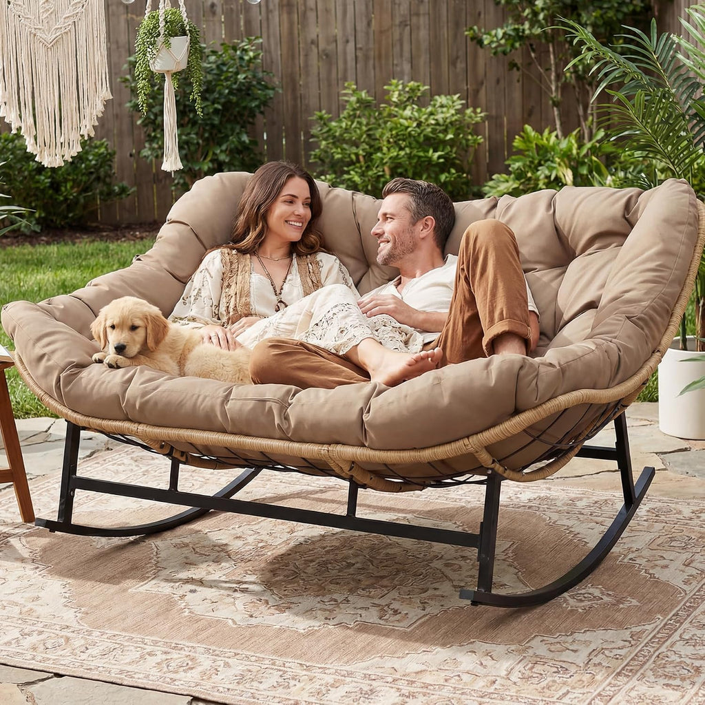 NICESOUL Double Large Papasan Chair Outdoor, Oversized 2 Person Egg Rocking Chair with Cushions, 700 lbs Heavy-Duty Wicker Loveseat Recliner Glider for Outdoor & Indoor Patio, Balcony & Garden, Brown