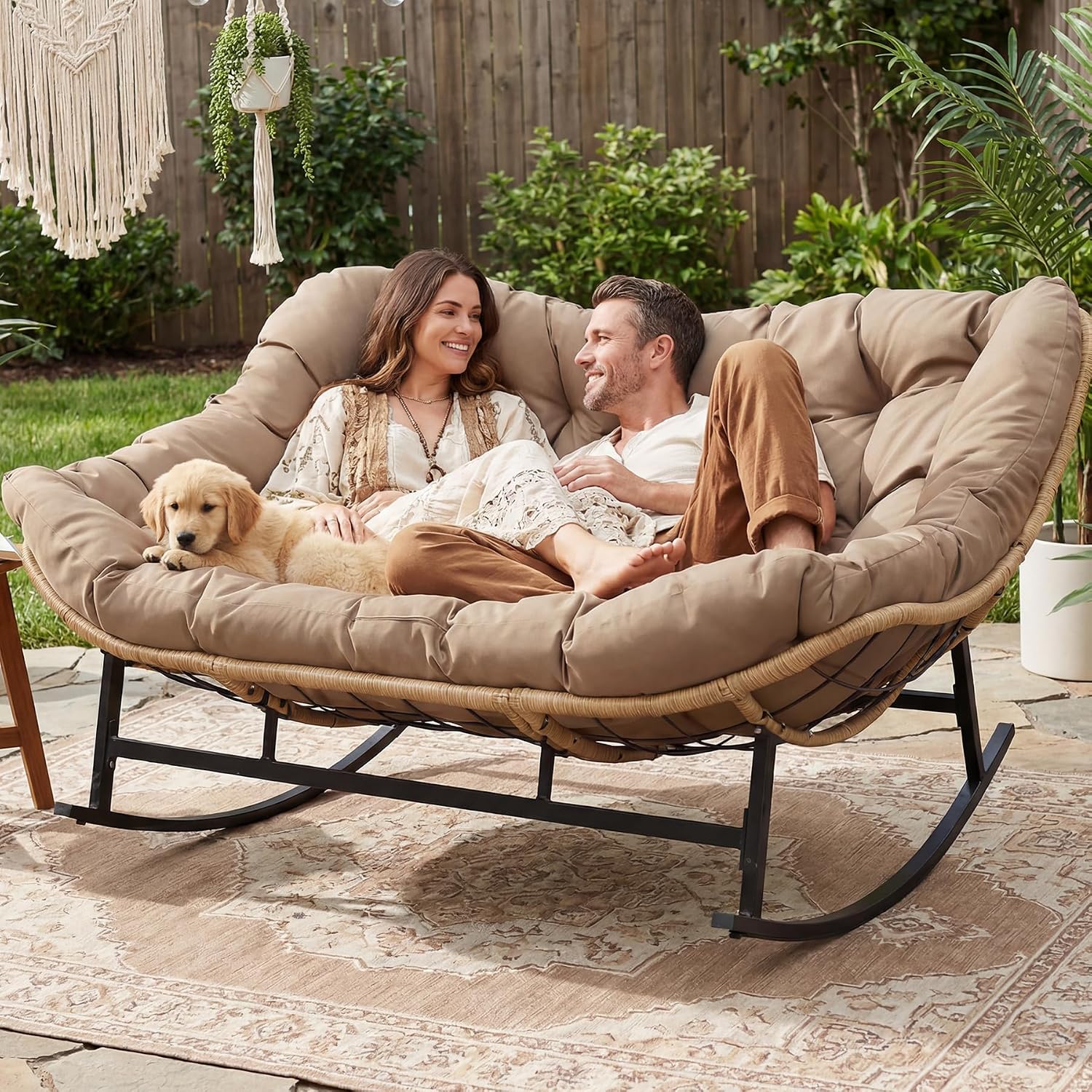NICESOUL Double Large Papasan Chair Outdoor, Oversized 2 Person Egg Rocking Chair with Cushions, 700 lbs Heavy-Duty Wicker Loveseat Recliner Glider for Outdoor & Indoor Patio, Balcony & Garden, Brown