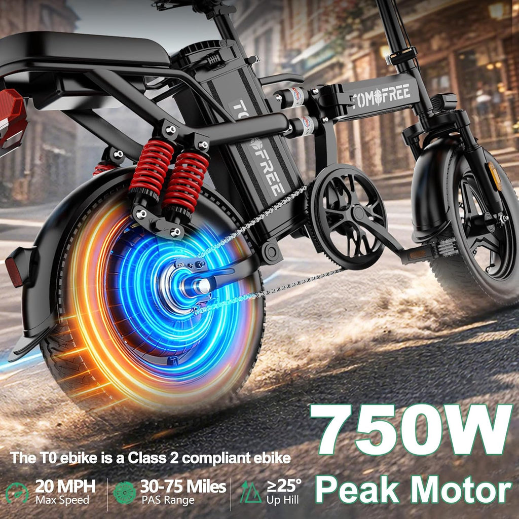Tomofree Folding Electric Bike for Adults 20MPH Peak 750W EBike, 48V 20AH Removable Battery for Electric Bicycles,35-75Miles PAS Range, 10 Shock Absorbers, 14'' Fat Tire Foldable E-Bike, PAS E Bike