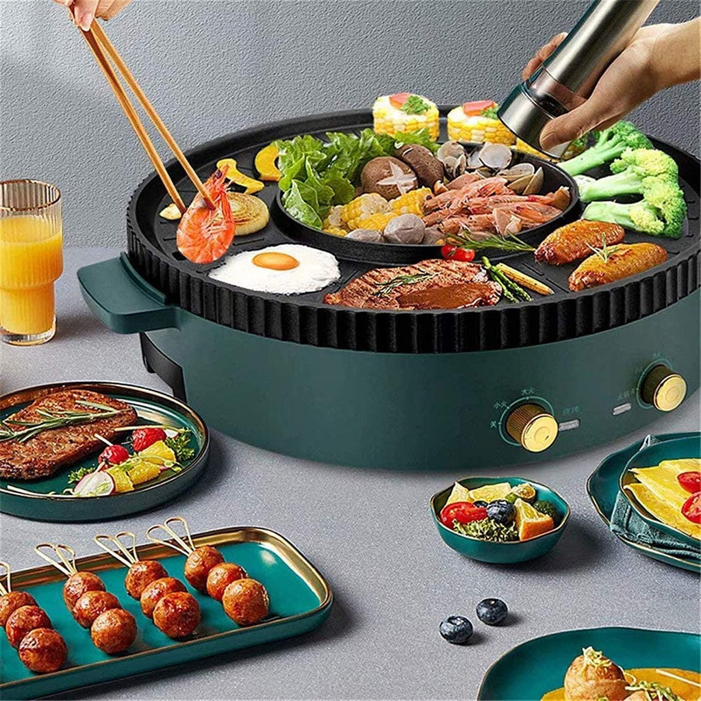 Barbecue Hotpot Indoor Electric Grills Household Barbecue Hot Pot Two-in-One Double Pot 1700W Barbecue Hot Pot (Color : Green 2, Size : 34 * 10CM)