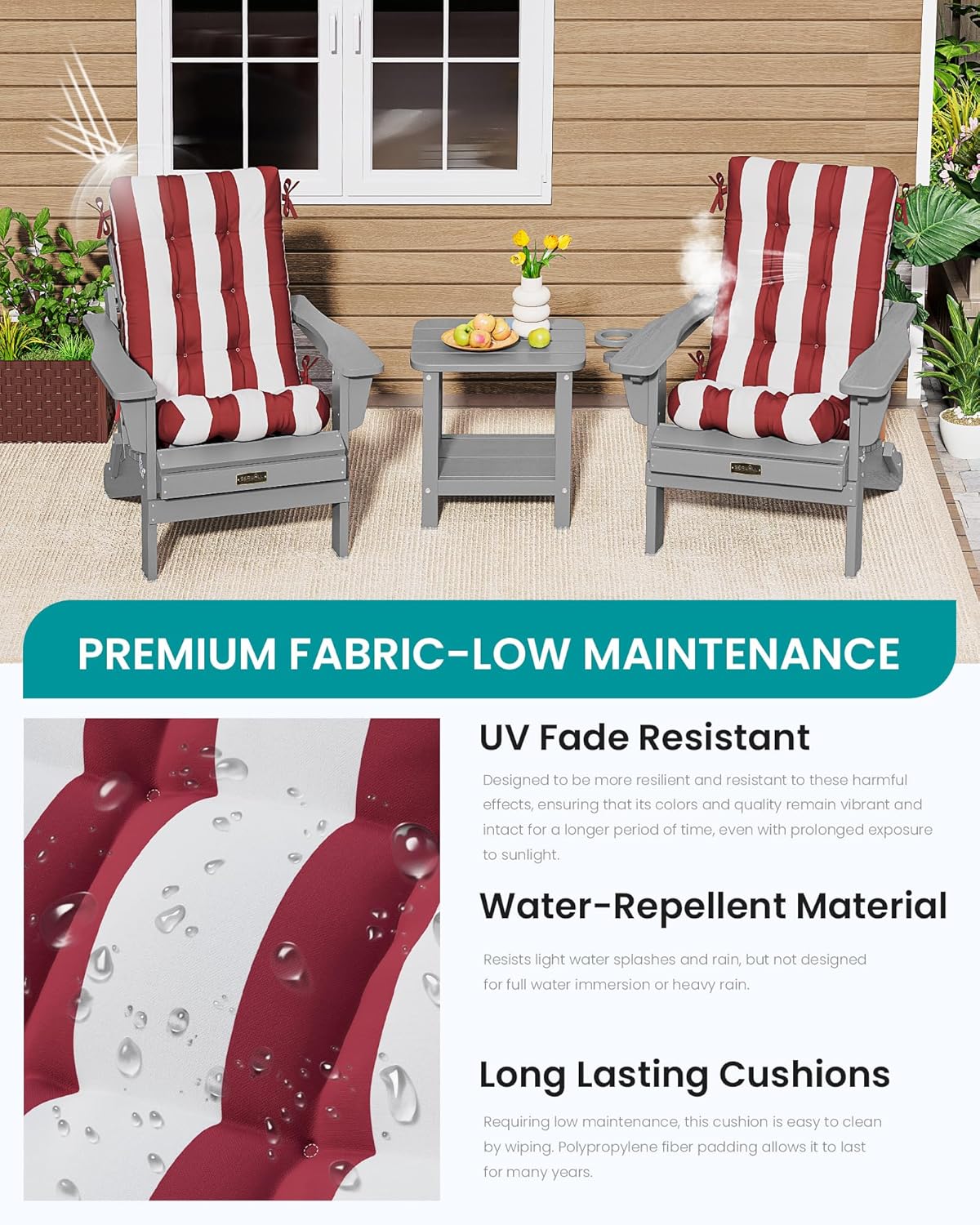 SERWALL HDPE Outdoor Rocking Chair Cushion Set of 4, Memory Foam Cushion Red White