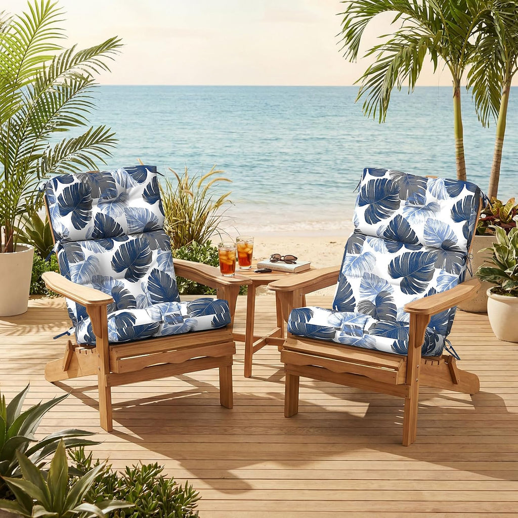 Outdoor High Back Patio Chair Cushions, Tufted Rocking Chair Cushions, Adirondack Cushions for Garden Porch Home Office Chair Use, 44' x 22' x 4', 2 Pack, Monstera Blue