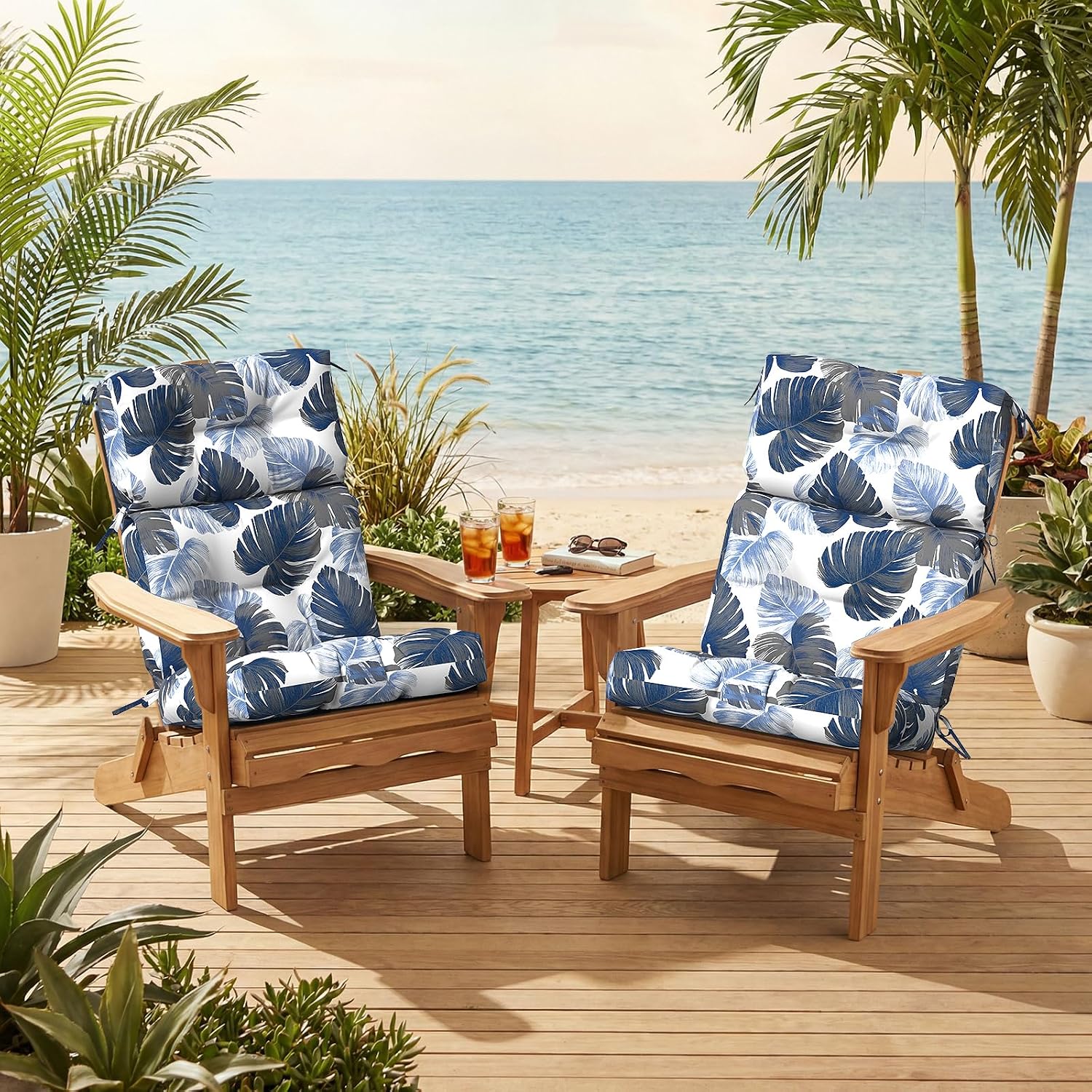 Outdoor High Back Patio Chair Cushions, Tufted Rocking Chair Cushions, Adirondack Cushions for Garden Porch Home Office Chair Use, 44' x 22' x 4', 2 Pack, Monstera Blue