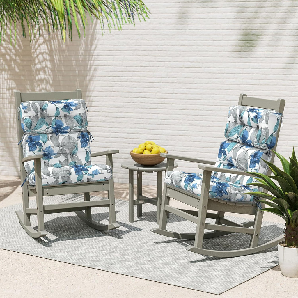 Outdoor High Back Rocking Chair Cushions, Non-Skid Slip Backed Chair Cushions, Chair Cushion for Patio Chairs, 44'x22'x4', Set of 2, Clemens Noir Blue