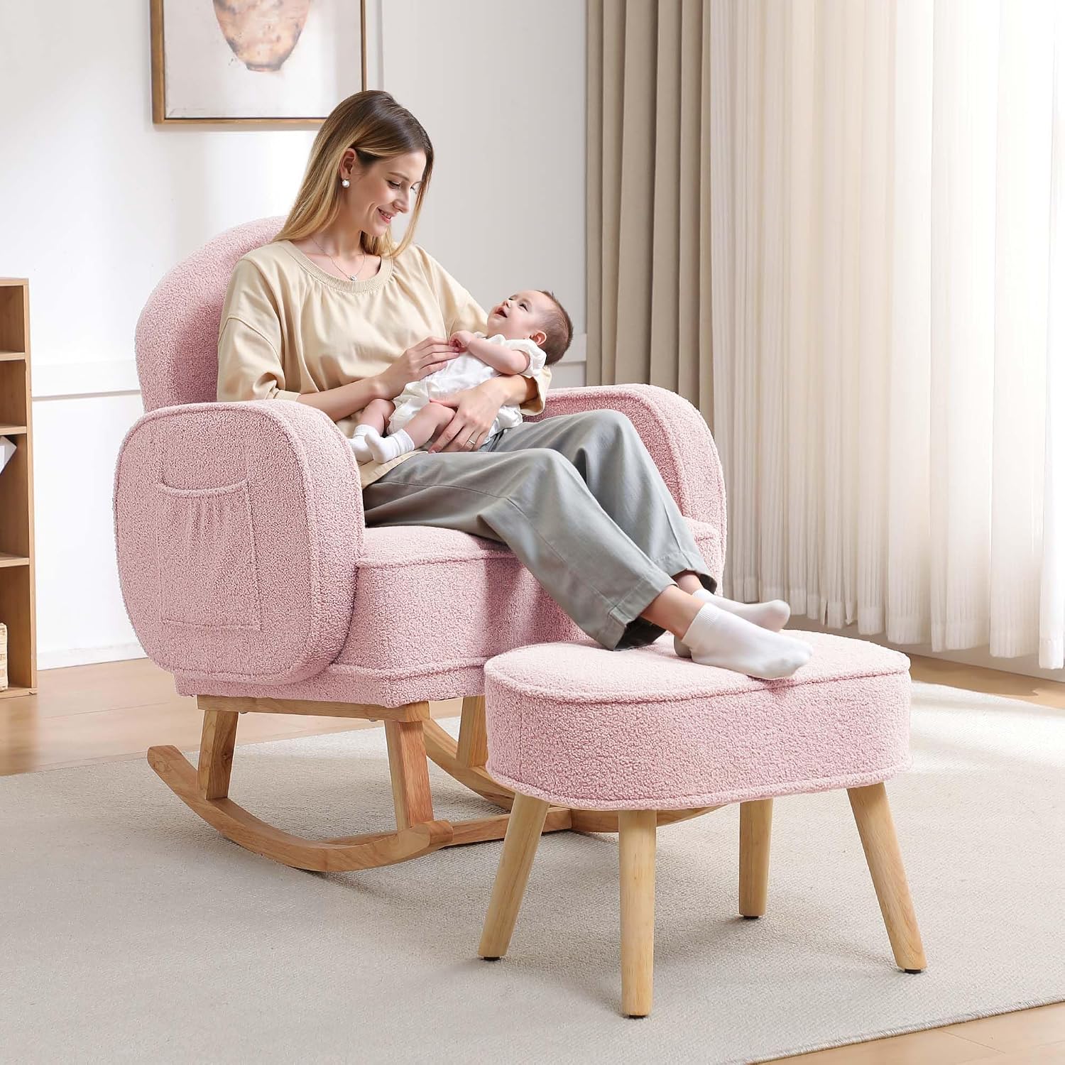 HCHAIRH Rocking Chair Nursery with Ottoman, Upholstered Glider Rocker with High Backrest and Side Pocket, Rocking Accent Armchair with Solid Wood Legs for Nursery/Living Room/Bedroom Pink