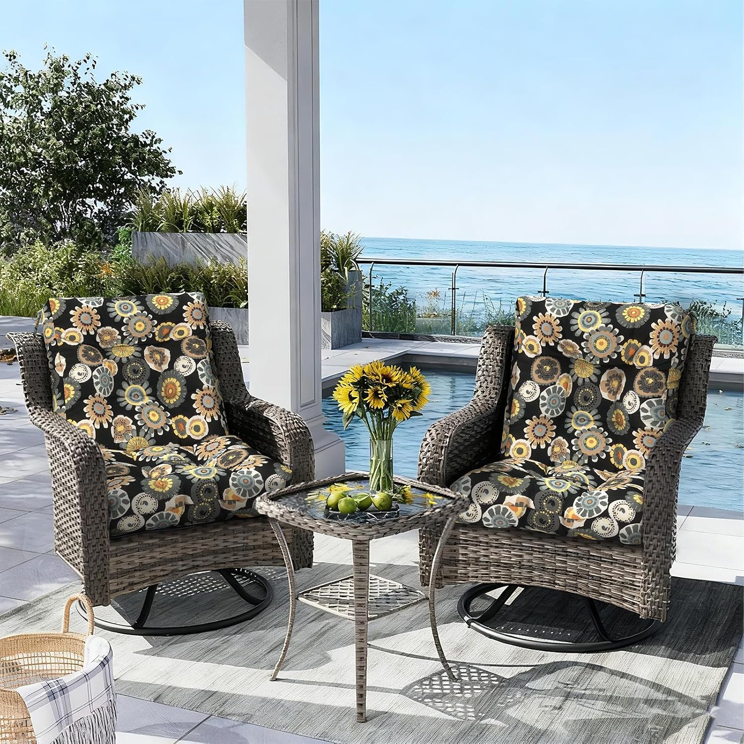 Outdoor Seat Chair Cushions, Tufted Back Patio Furniture Cushions Set of 2, Water Repellent Wicker Replacement for Home Garden Chairs, 42x21x4 Inch, Black Yellow Crosby