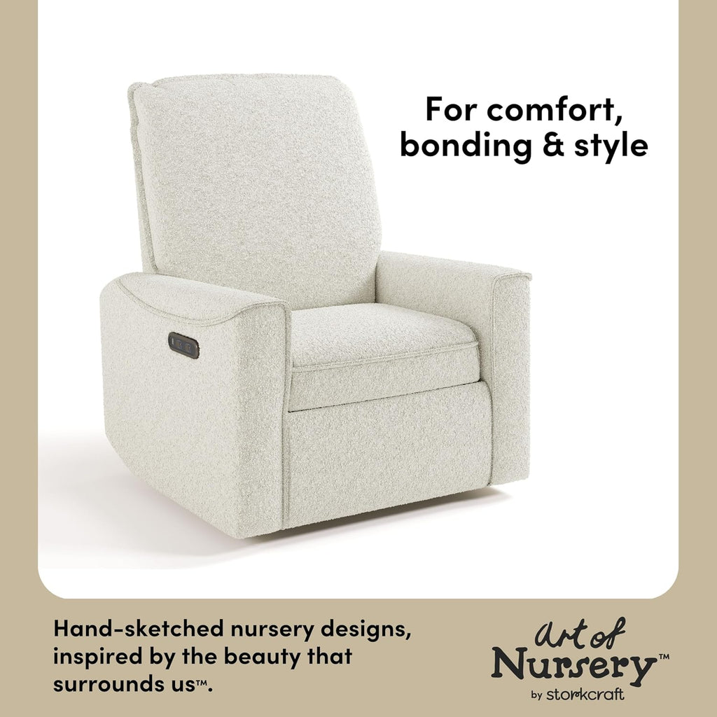 Storkcraft Santos Deluxe Power Recliner Swivel Glider, Premium Electronic Nursery Rocking Chair, Oeko-TEX 100 Certified, Includes Dual-USB Charging Port with USB-A & USB-C – (Ivory Boucle)