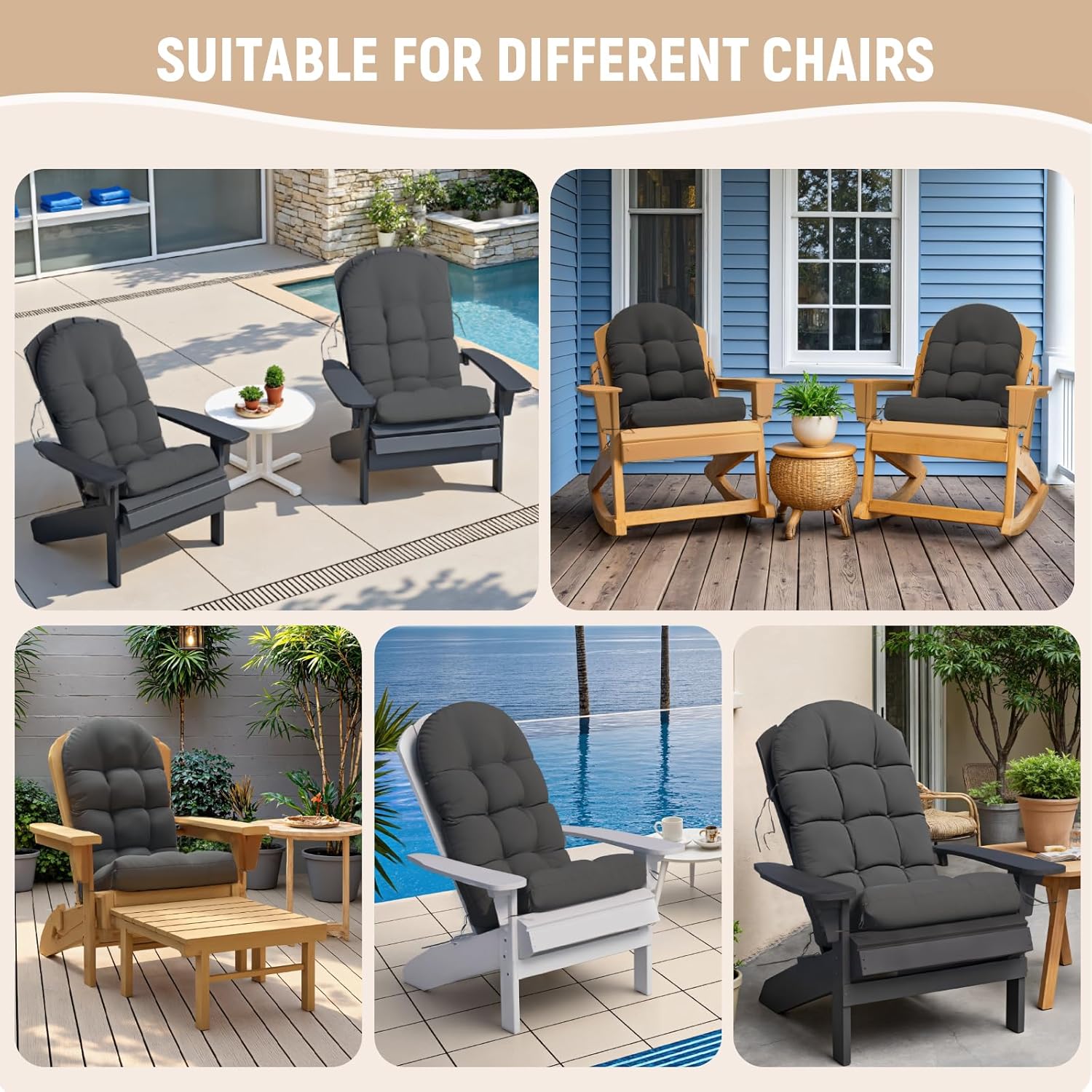 Sannwsg Adirondack Chair Cushion Set of 4, Rocking Chair Cushions, High Back Patio Cushions, Thickened Weather Resistant Patio Cushion with 6 Ties, Non Slip Fade & Waterproof