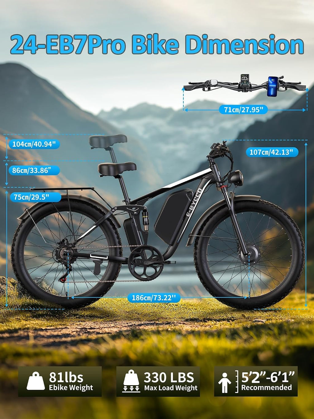 6000W Peak Electric Bike for Adults, 52V 32AH Dual Motor E-Bike, Up to 90Mile & 45 M P H All-Terrain Fat Tires Full Suspension 24/26 Inch Electric Bicycles Hydraulic Disc Brake for Road UL2849 by SGS