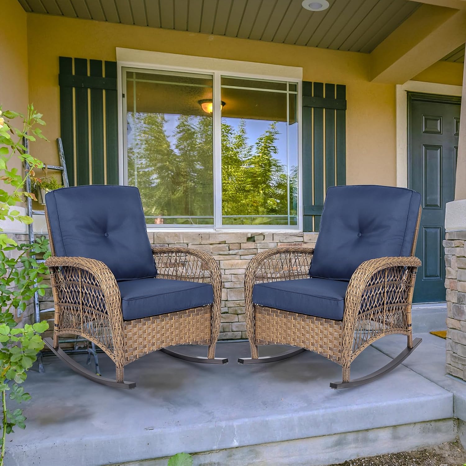 MEETWARM Outdoor Wicker Rocking Chairs Set of 2, Rattan Patio Rocker Chairs with Thick Cushions and High Back, All-Weather Patio Wicker Chair with Safe Rocking Design for Garden, Brown/Navy Blue