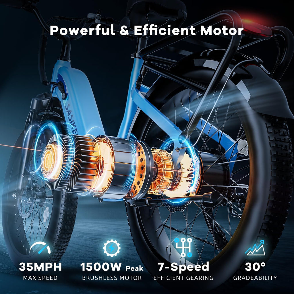 1500W Motor Electric Bike for Adults & Teenager, 48V 20AH Removable Battery Ebike, 24inch Fat Tire Electric Bicycle, Step-Thru E Bike for Commuting & Mountain, Front Suspension