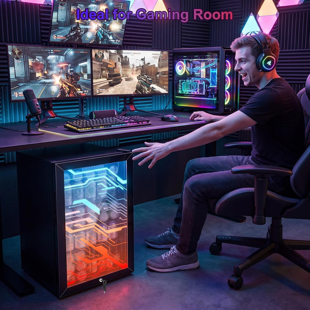 Beverage Refrigerator with LED Light Up Door – 128 Can Freestanding Drink Fridge, Small Beer Cooler with 4 Removable Shelves, Child Safety Lockfor Gaming Room Home Bar Party,Cyberpunk