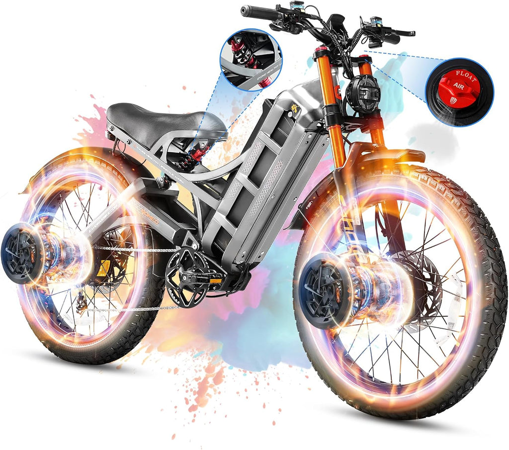 eAhora 2026 Romeo Pro 3/2 50-46Mph Electric Bike for Adults 5600W/4000W/2500W Dual Motor Ebike 60V/80Ah 52V/70Ah Long Range Fat Tire Full Suspension Electric Mountain Bicycle
