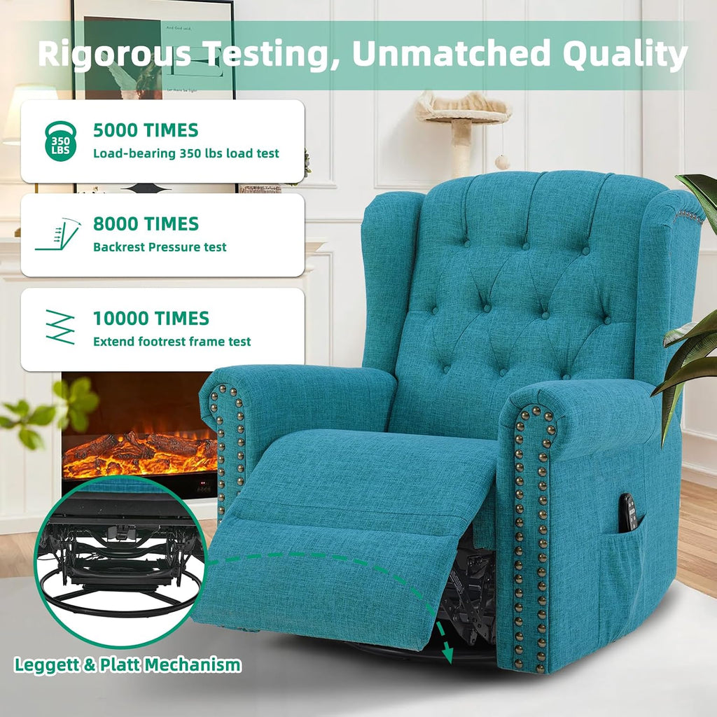 VIVIJASON Power Swivel Rocking Recliner Chair with Massage & Heat, Electric Rocker Glider Chair for Nursery, Wingback Tufted Upholstered Recliner W/Type-C & USB Ports for Living Room, Bedroom, Teal