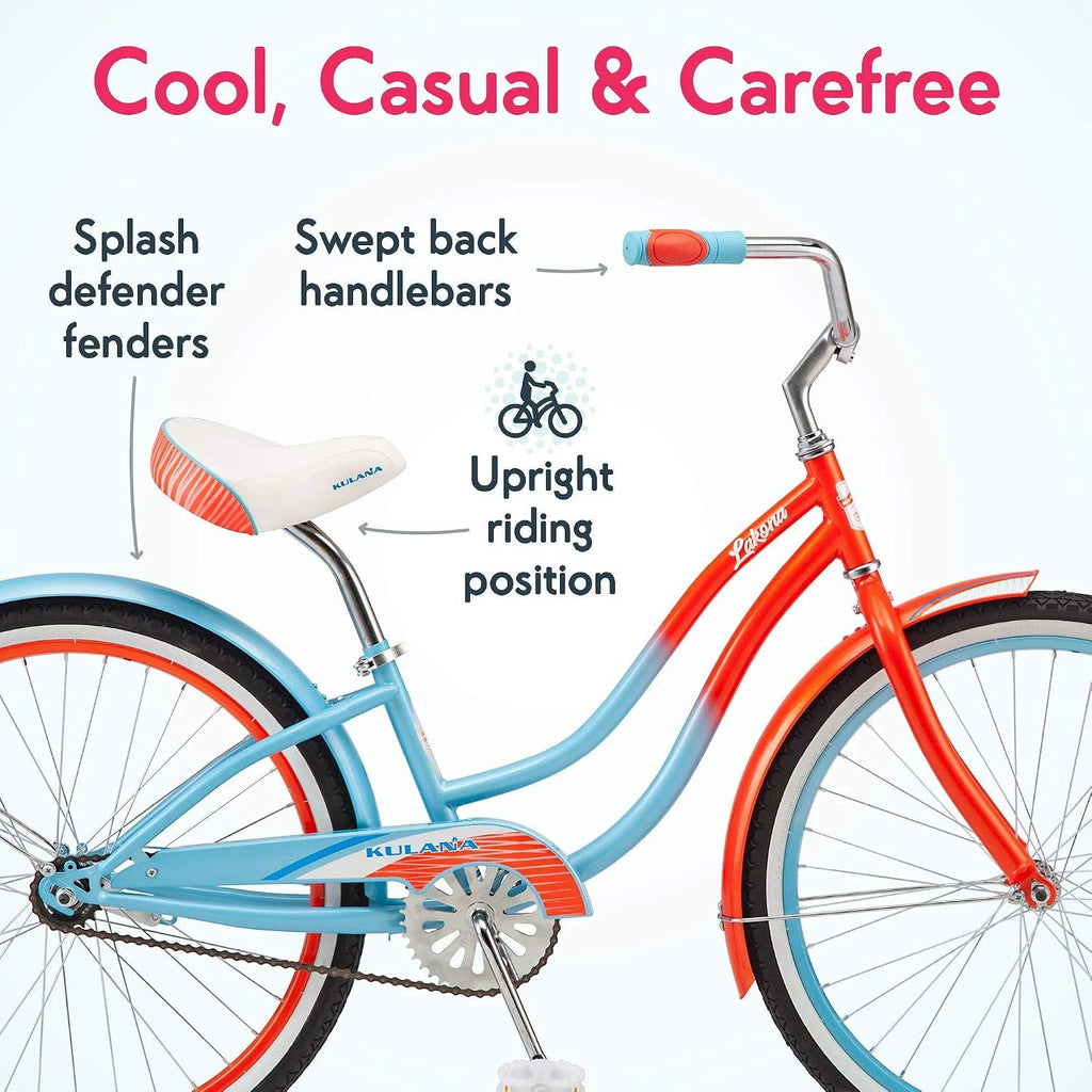 Kulana Lakona Shore, Tide or Wave Cruiser Bike, 20, 24 or 26 Inch Bike for Adults and Youth, 7 or Single Speed Beach Cruiser Bicycle, Rear Coaster Brake, Extra Wide, Cushioned Seat, Fenders