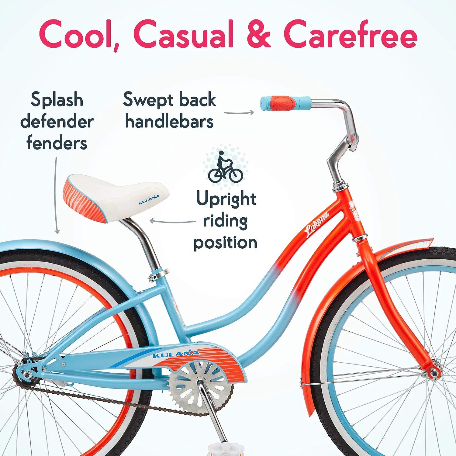 Kulana Lakona Shore, Tide or Wave Cruiser Bike, 20, 24 or 26 Inch Bike for Adults and Youth, 7 or Single Speed Beach Cruiser Bicycle, Rear Coaster Brake, Extra Wide, Cushioned Seat, Fenders