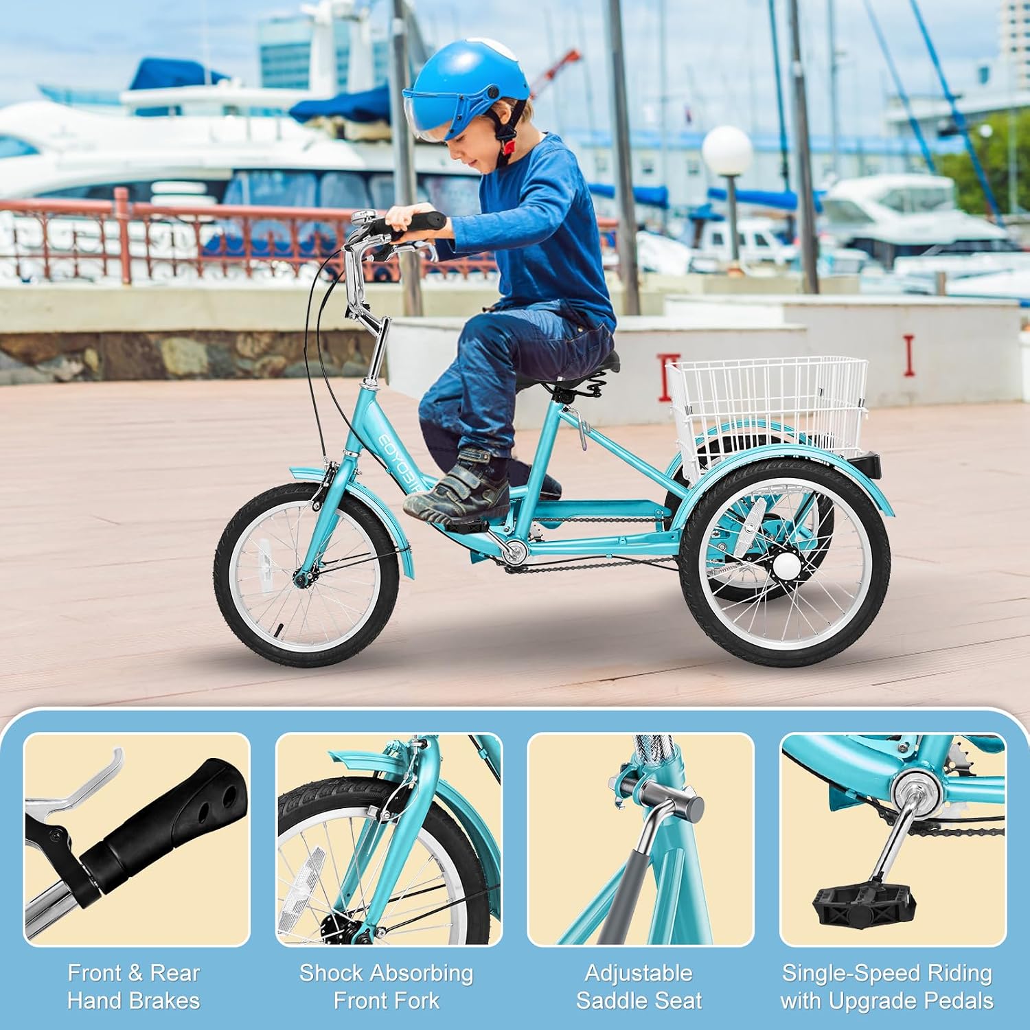 NAIZEA 16 Inch Trike Kids Bike, Single Speed Complete Cruiser Bikes for Boys & Girls, Three Wheel Bikes with Adjustable Height and Rear Basket, Multiple Colors