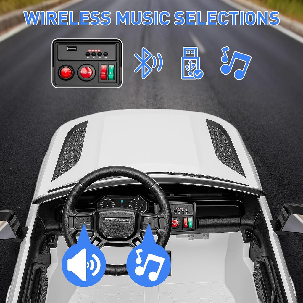 MINIATURE MOTORS 24V Ride on Toys for Big Kids, 2-Seater Toddlers Licensed Electric Car Remote Control, 3.7mph Max Speed, Bluetooth Music, Shovel, Seat Belt, 4-Wheeler Suspension, Boy Girl Gift-White