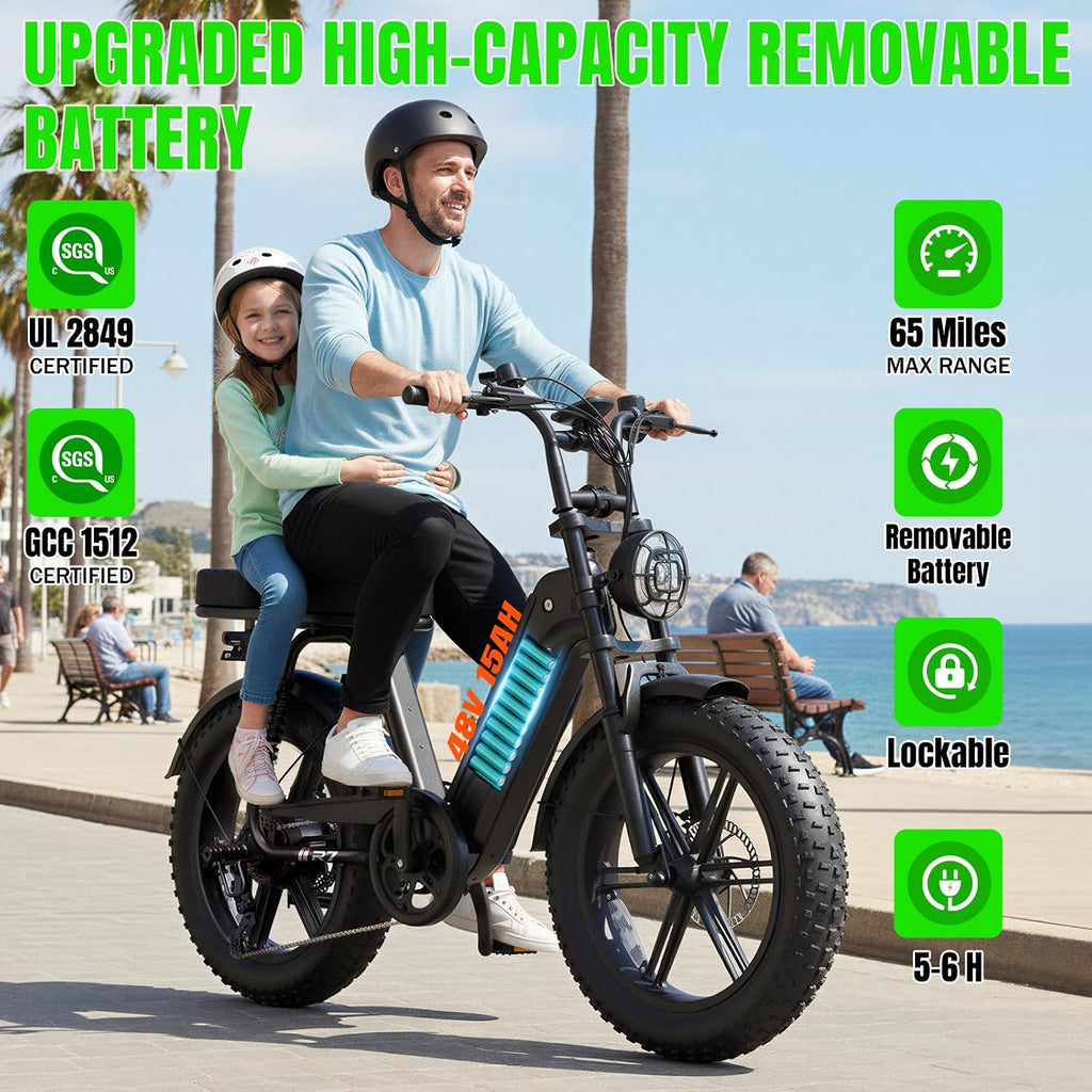 TST Electric Bike for Adults 1500W Peak 20' Fat Tire All-Terrain E-Bike 60 Miles Electric Dirt Bike for Road Sand Mountain Snow - 48V 15AH Battery Powered Electric Motorcycle for Adventure
