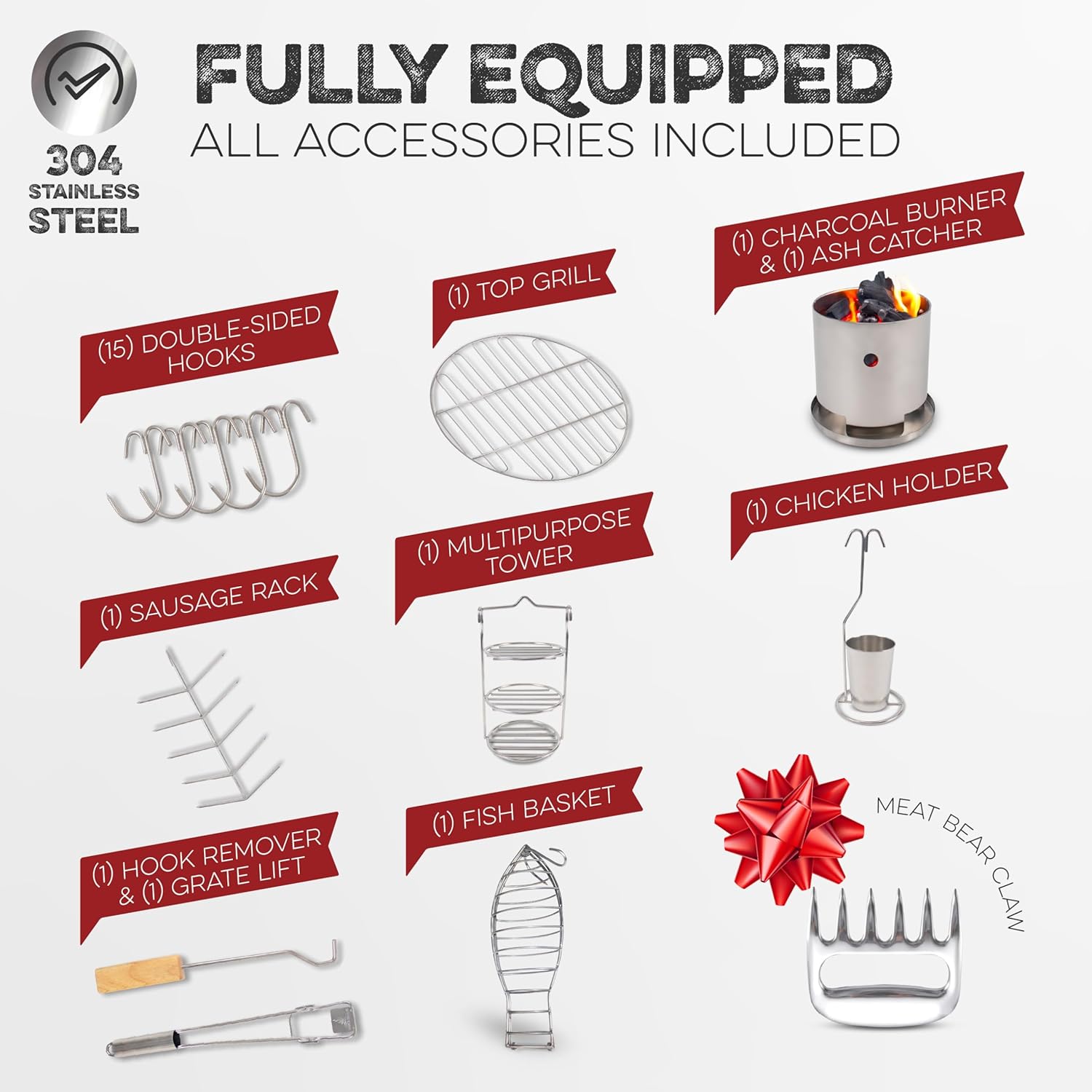 Barrel Smoker Grill Combo | 100% 304 Stainless Steel Barrel | 95% Less Smoke, Even Heat | Easy to Use & Clean – Vertical Smoker Ideal for Balconies and Backyards (MEDIUM-25 LBS)