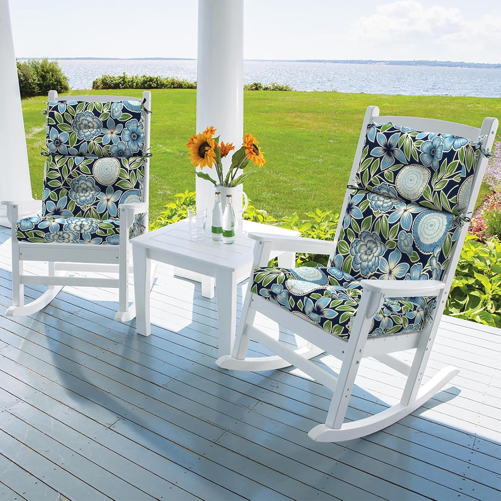 DYTXIII Outdoor High Back Chair Cushions Set of 2, Water Repellent Tufted Rocking Seat Cushions Replacement 44 x 22 Inch, Seat & Back Chair Pads for Patio, Balcony and Indoor Use -Azure Symphony‌
