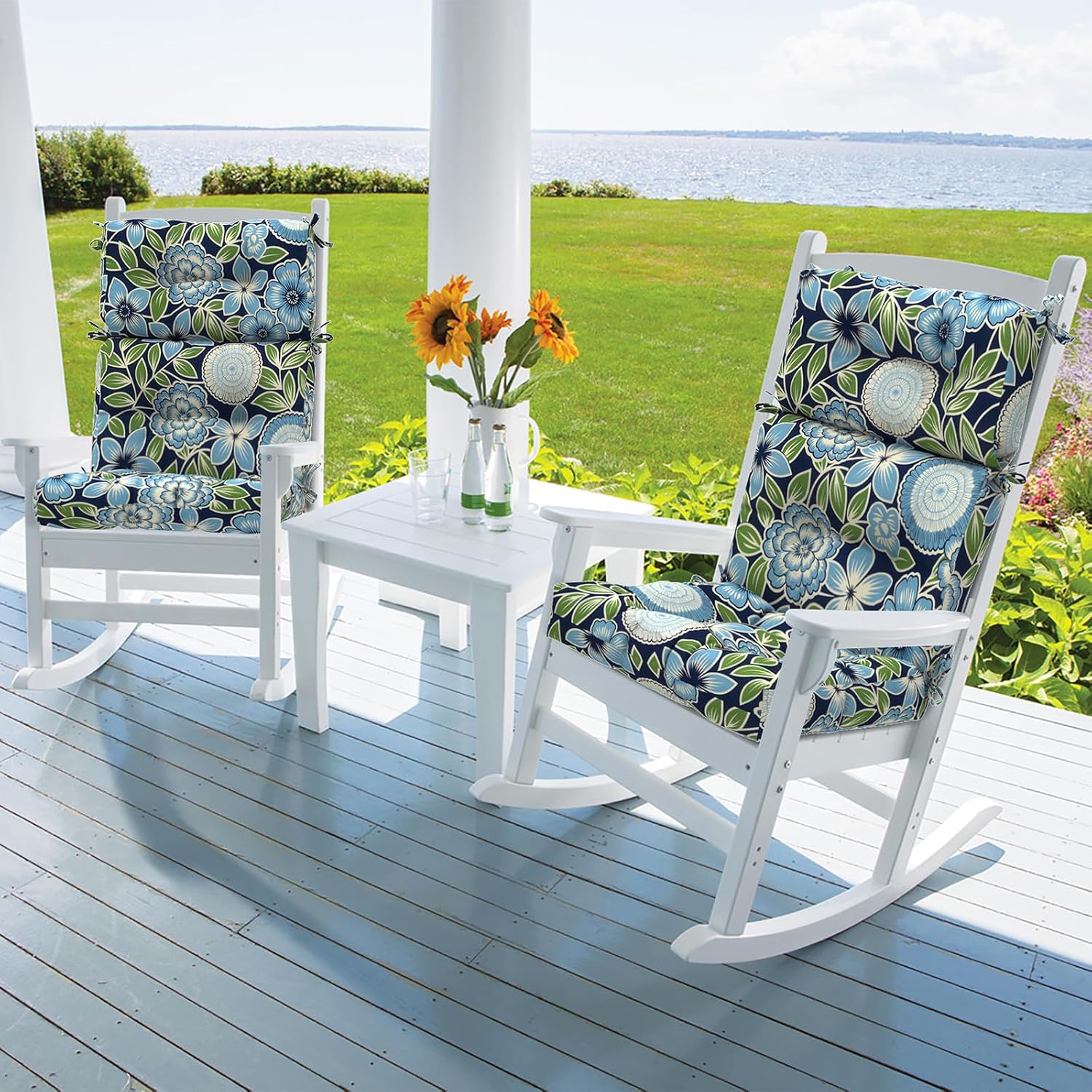 DYTXIII Outdoor High Back Chair Cushions Set of 2, Water Repellent Tufted Rocking Seat Cushions Replacement 44 x 22 Inch, Seat & Back Chair Pads for Patio, Balcony and Indoor Use -Azure Symphony‌