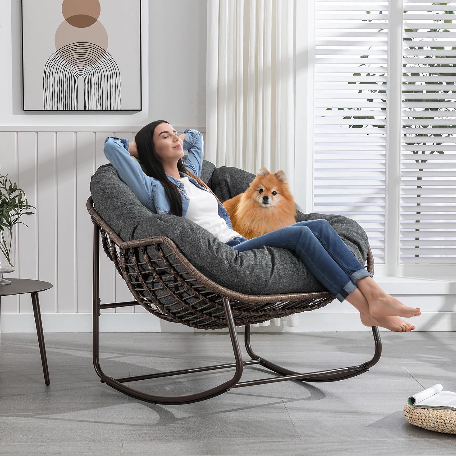 Deolme Large Papasan Rocking Chair with Cushion, Oversized Comfy Reading Chair Lounging Indoor Outdoor Rocker for Front Porch Backyard Bedroom Living Room Egg Chair Rattan (Dark Grey)