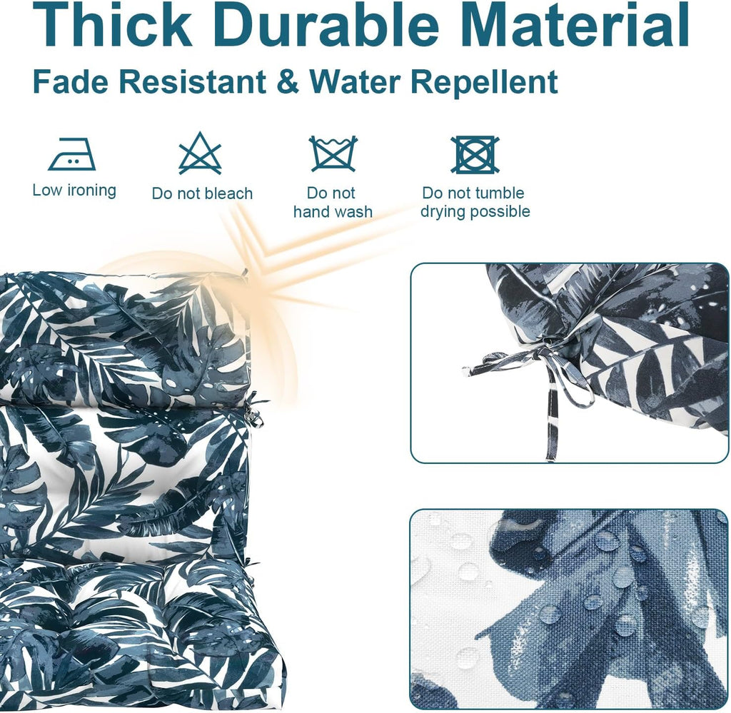 DYTXIII Outdoor High Back Chair Cushions Set of 2, Water Repellent Tufted Rocking Seat Cushions Replacement 44 x 22 Inch, Seat & Back Chair Pads for Patio, Balcony and Indoor Use -Palm Blue