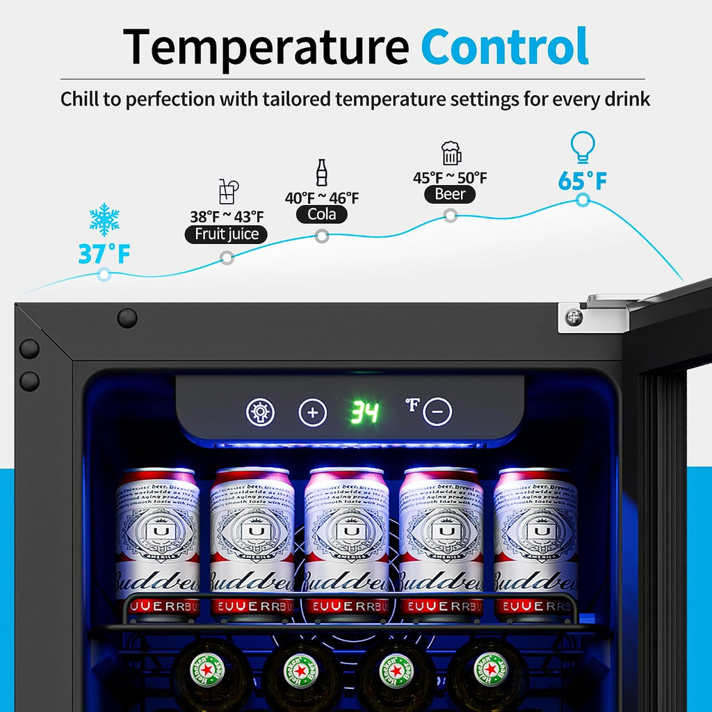 Feelfunn 15 Inch Beverage Refrigerator Under Counter - 126 Cans Beverage Fridge with Glass Door for Beer Wine Soda - Built-in or Freestanding Wine Cooler with Safety Lock for Home Kitchen Bar