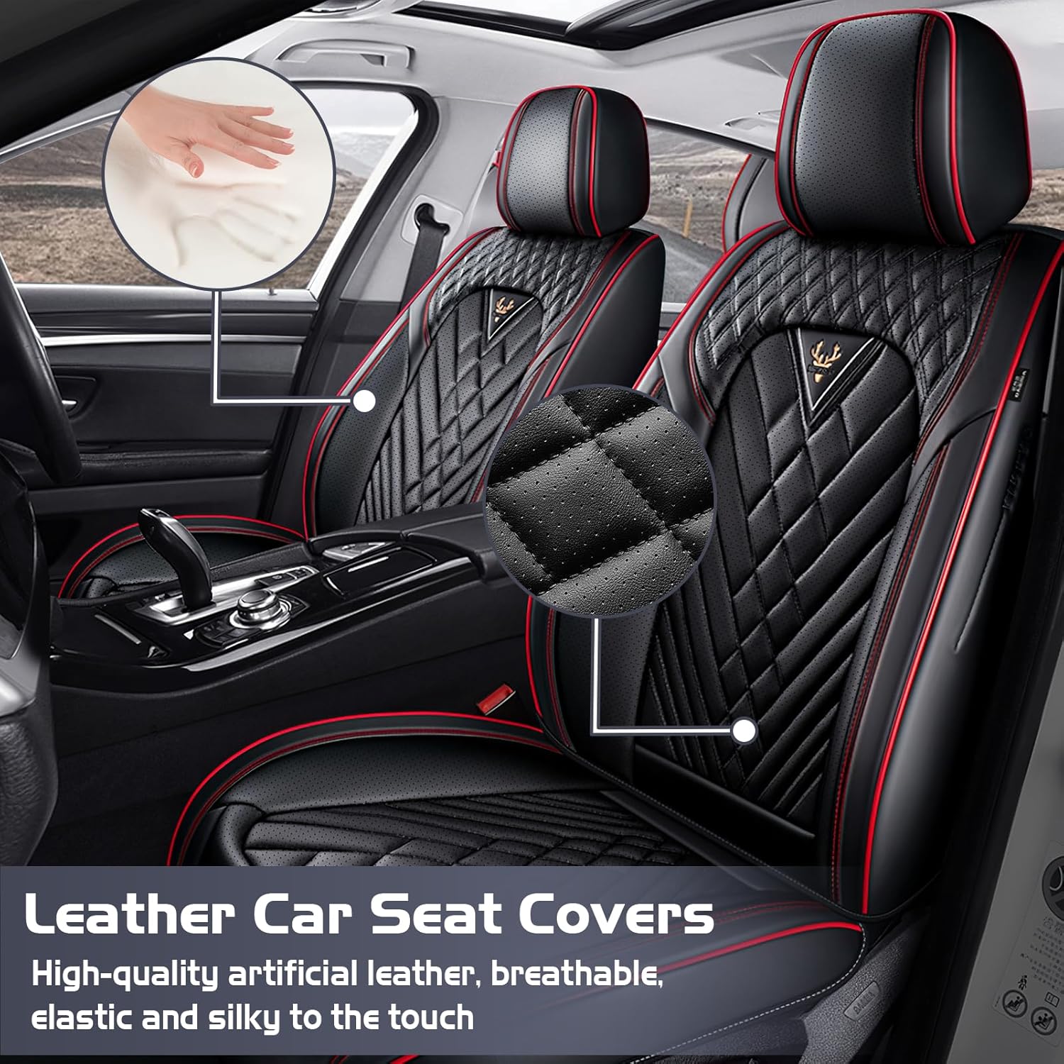 Car Seat Covers for Dodge Ram 3500 2002-2026, Waterproof Nappa Leather Front Seat Cover, Anti-Slip and Comfortable Automotive Seat Protector&Accessories(Black Red)
