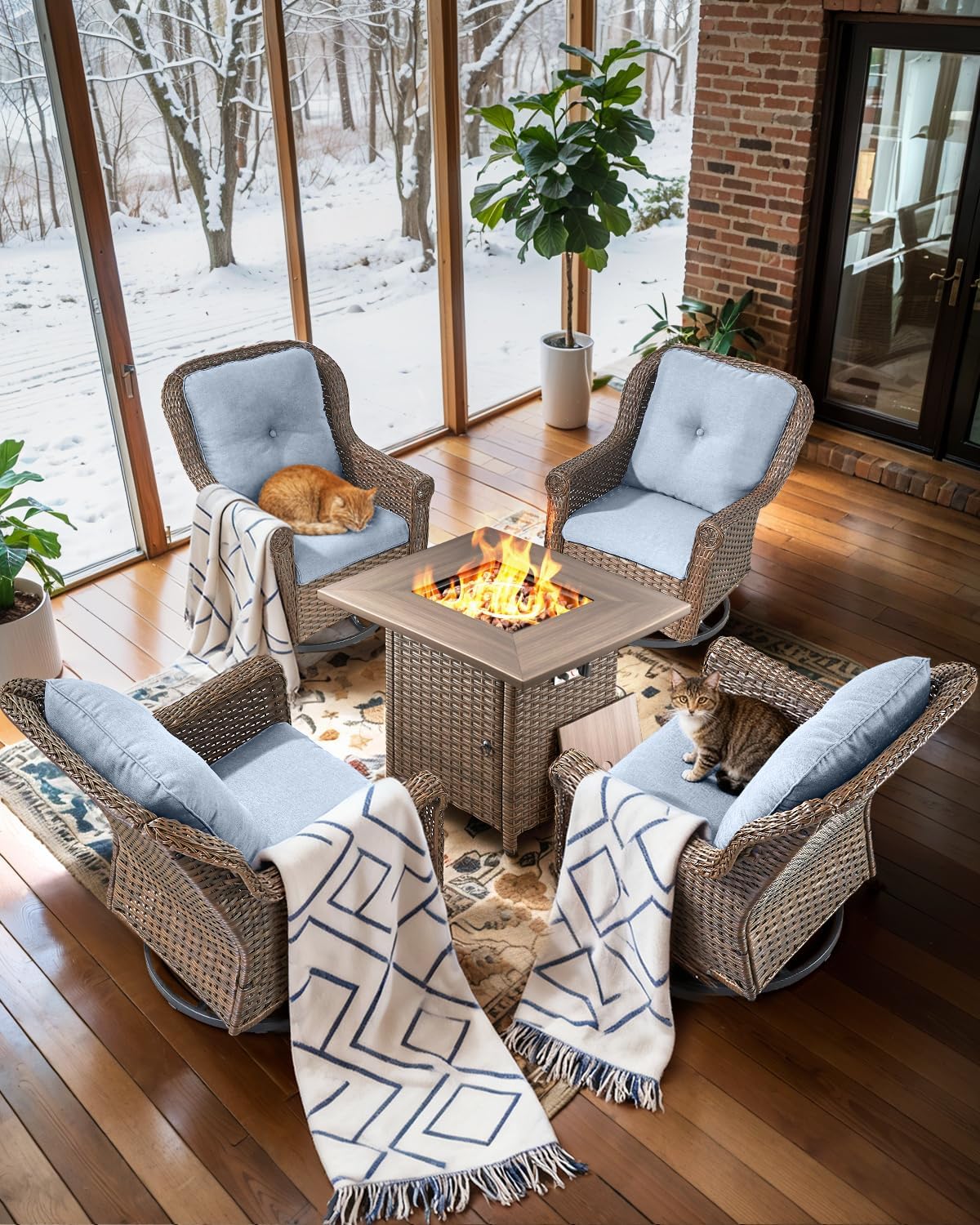 Patio Chairs Outdoor Swivel Glider - Set of 4 High Back Outside Brown Wicker Rattan Rocking Chair with Thick Cushion for Porch Apartment Deck Yard Poolside Garden - Baby Blue