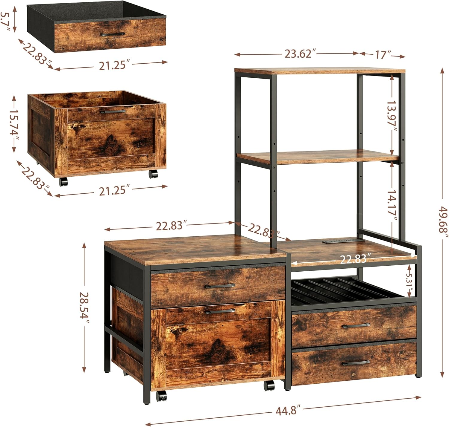 Herture Mini Fridge Stand with Wine Rack, Kitchen Bakers Rack with Power Outlet, Microwave Oven Stand, Coffee Bar, Movable Drawers, for Dorm,Office, Brown HB04BXN