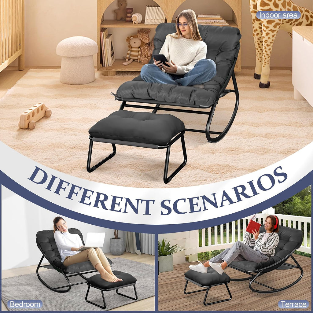 Oversized Patio Rocking Chair with Ottoman, Comfy Lounge Rocker Chair, Outdoor and Indoor Rocking Chairs with Deep Cushion, Metal Egg Chair for Living Room Porch Garden Balcony (Grey)